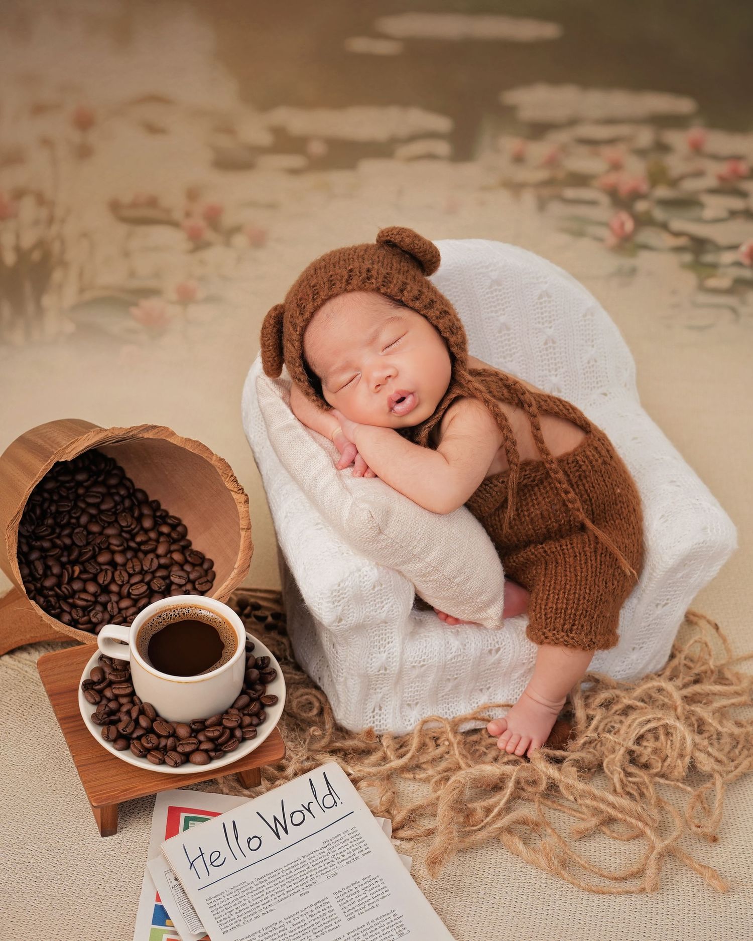 Sleeping newborn baby in brown bear knit outfit posed in tiny white chair with coffee beans and Hello World sign.