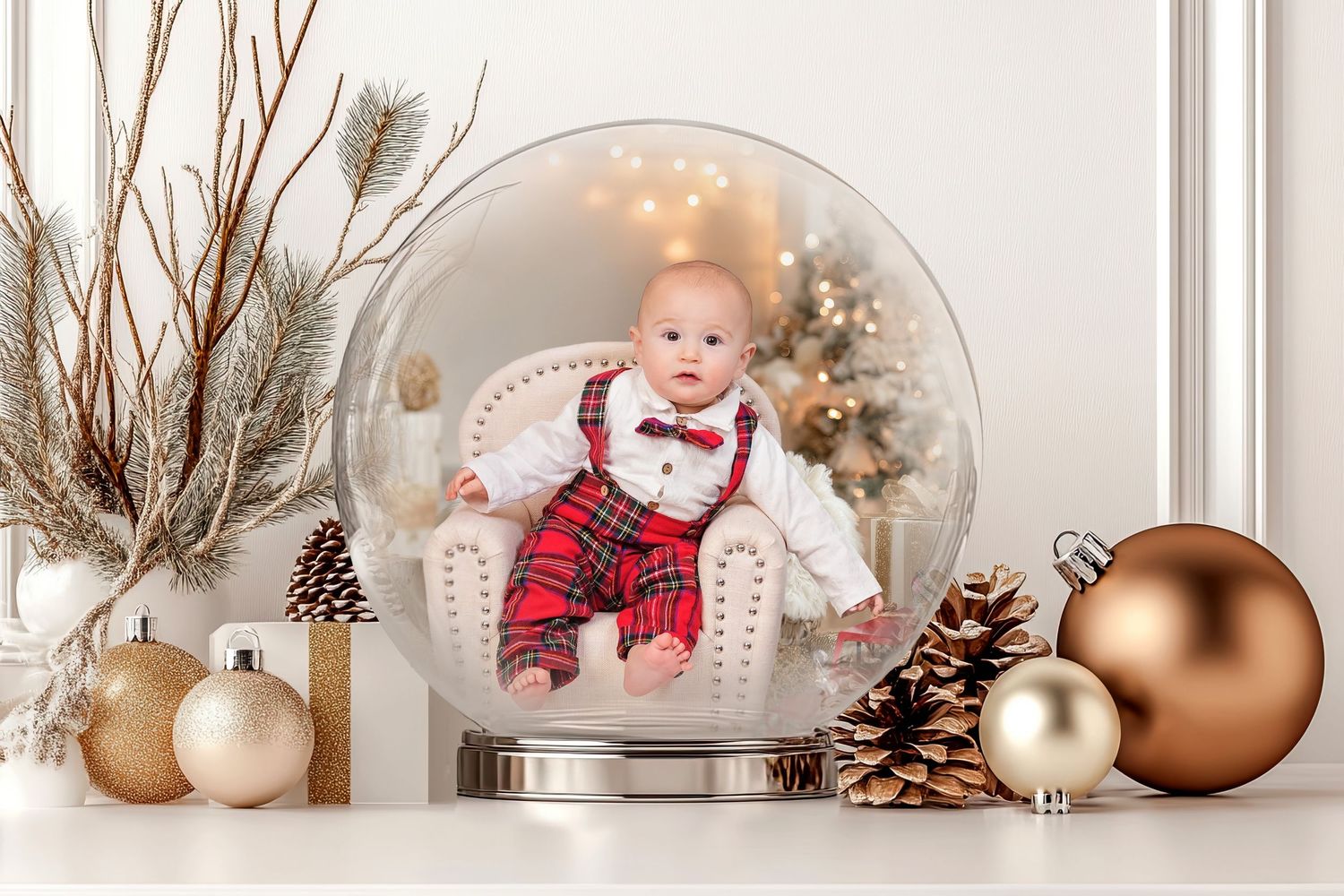 Baby in plaid Christmas outfit sitting in miniature chair inside large snow globe with holiday decorations.