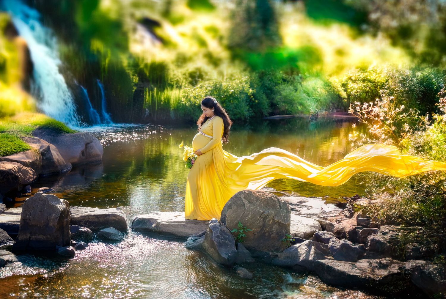 A flowing yellow dress twirls gracefully by a cascading waterfall in a dreamy forest setting with sunlit foliage.