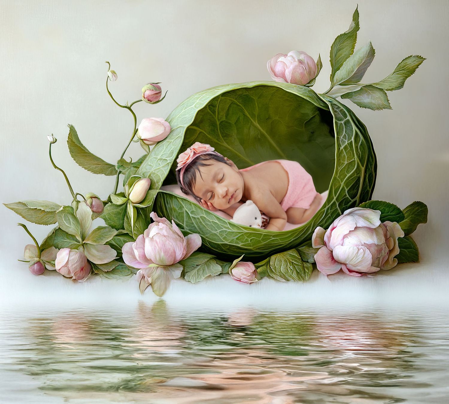 Pink peonies with green leaves create a reflective panorama on calm water's surface against a light neutral background.