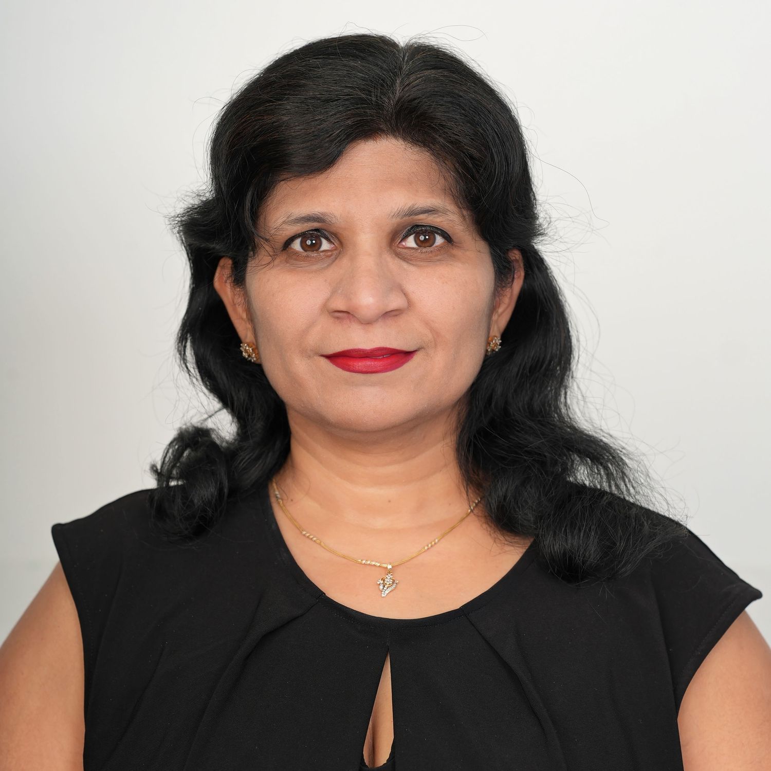 Woman in black top shown in multiple poses with bright red lipstick against white background.