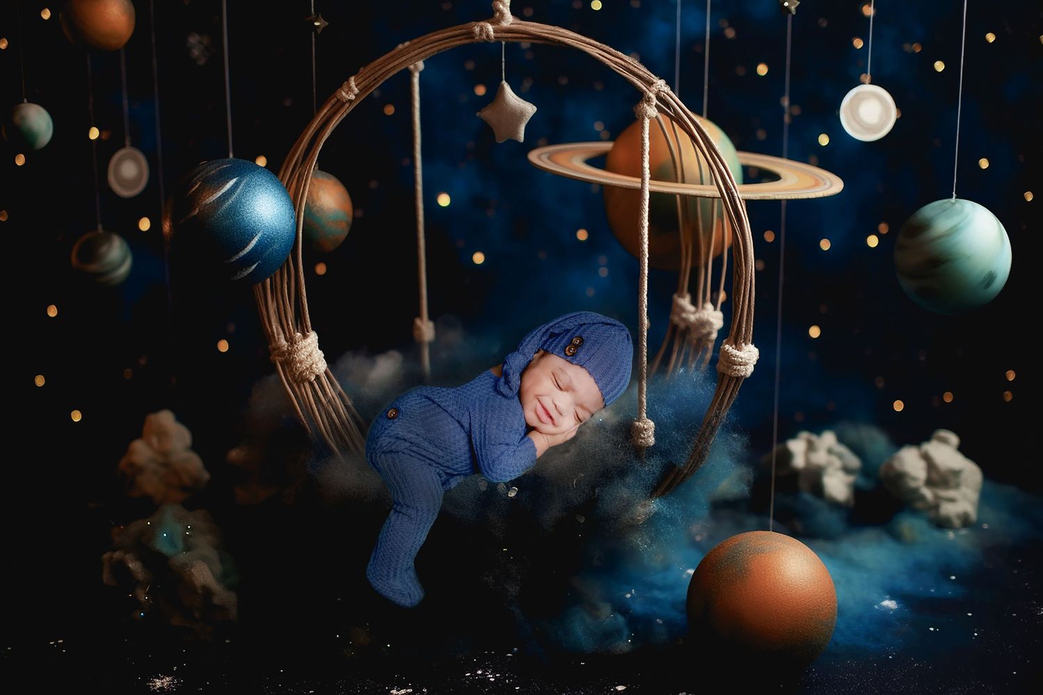 A sleeping baby in blue pajamas lies in a rustic wooden hoop swing surrounded by hanging planets in a space-themed scene.