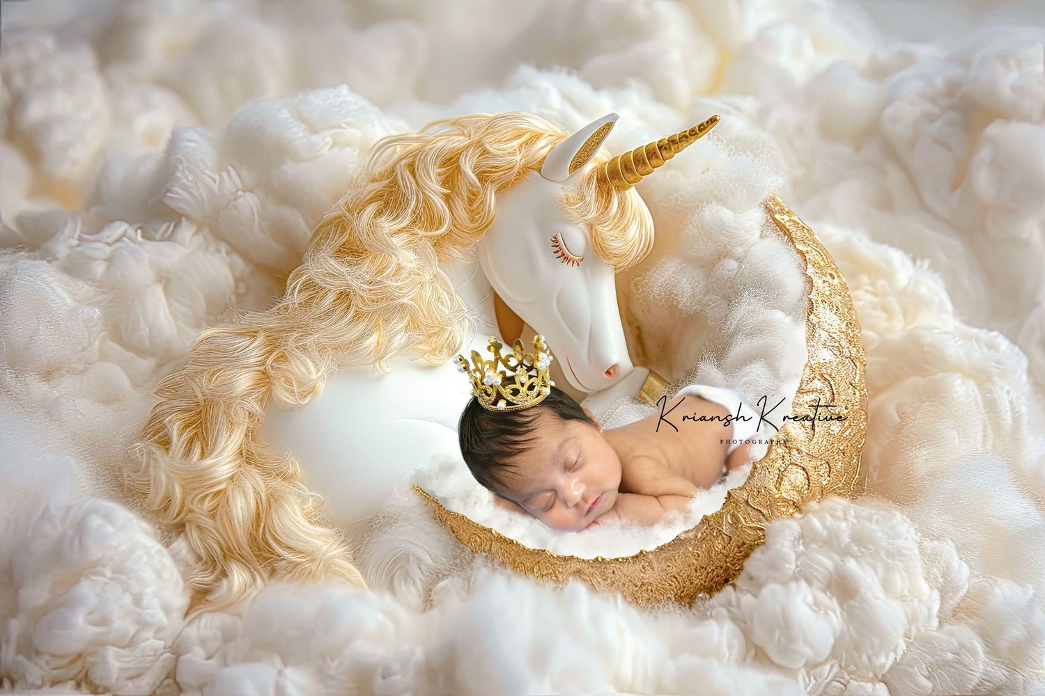 Sleeping baby on gold crescent moon with unicorn crown and clouds in a magical newborn photography setup.