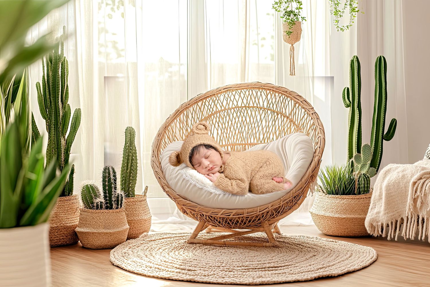 Cozy boho nursery interior with round rattan chair surrounded by potted cacti and hanging plants.