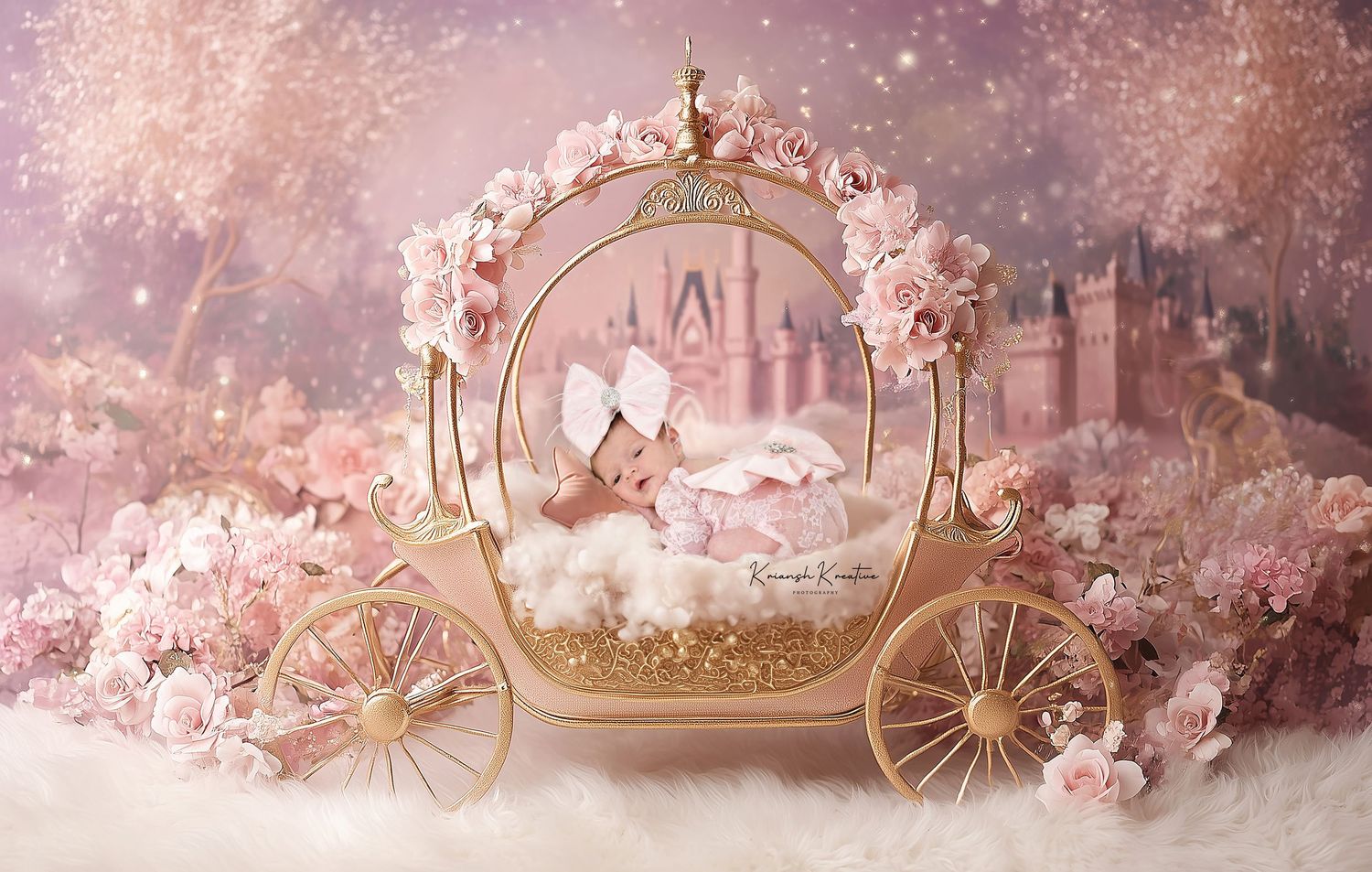 Enchanted carriage and crown decorations with soft pink cherry blossoms in a dreamy, romantic setting.