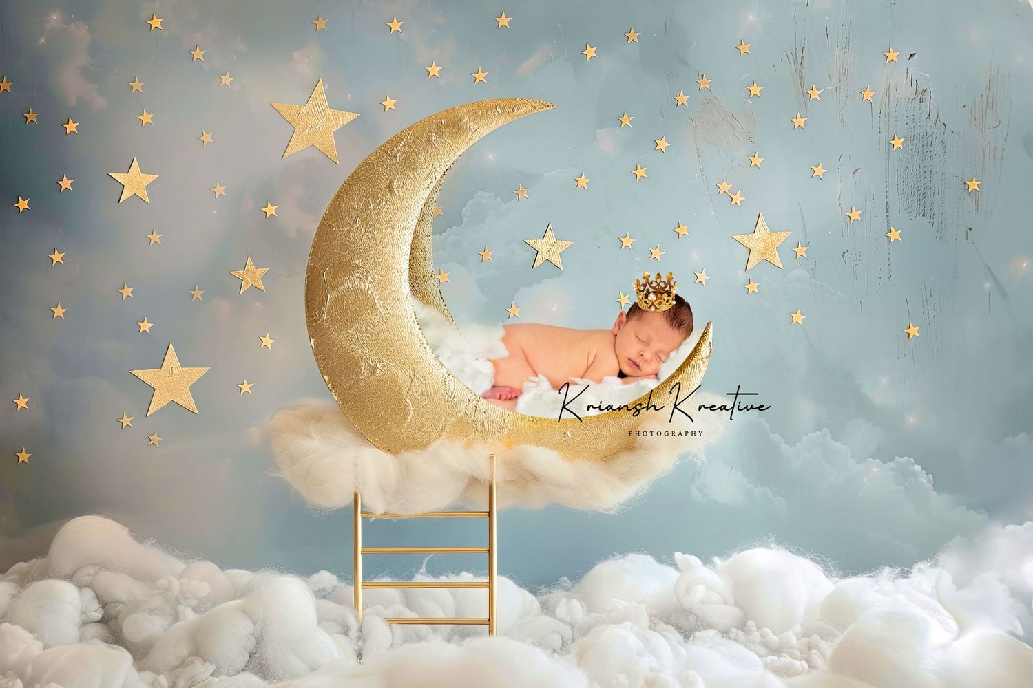 Magical newborn photography composites showing a sleeping baby on a dreamy crescent moon with glowing stars and clouds.