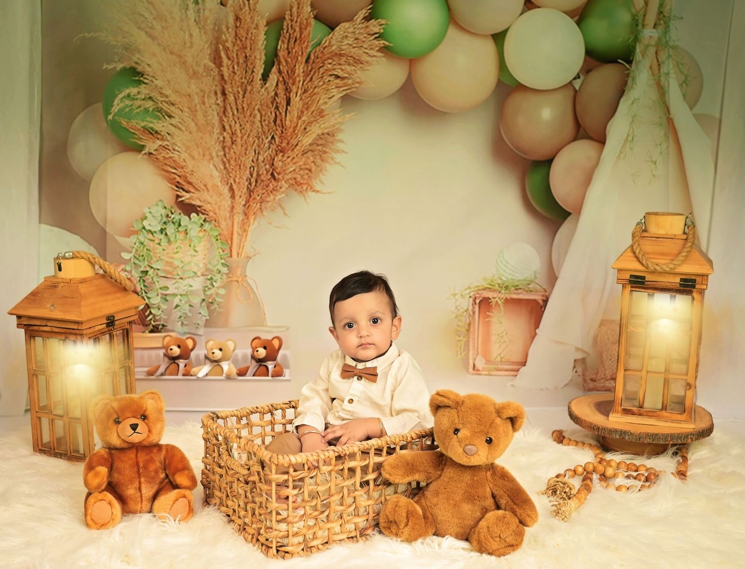 Rustic teddy bear photo setup with vintage decorations, soft peach tones, and whimsical lighting creating a cozy atmosphere.