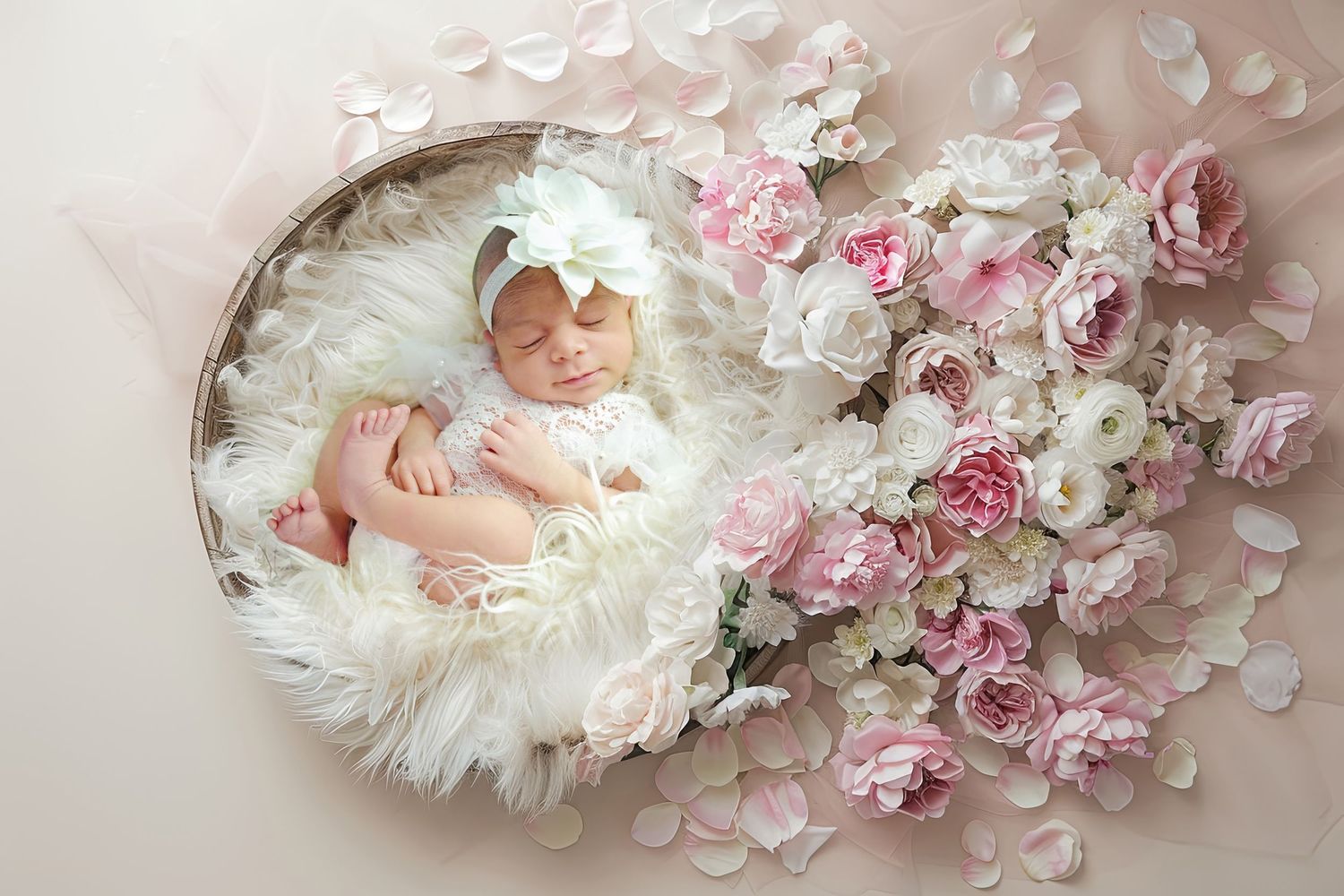 Delicate pink rose petals surround a white fur nest with soft overhead lighting and dreamy composition.