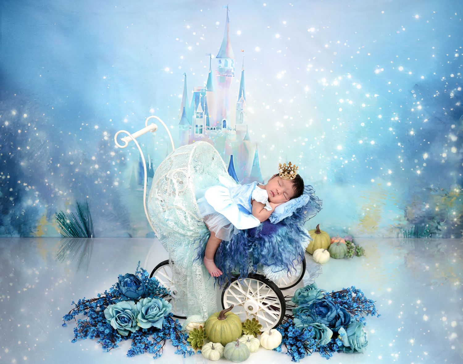 Fairy tale theme photo with blue roses, clock, and magical castle in a dreamy glittering backdrop.