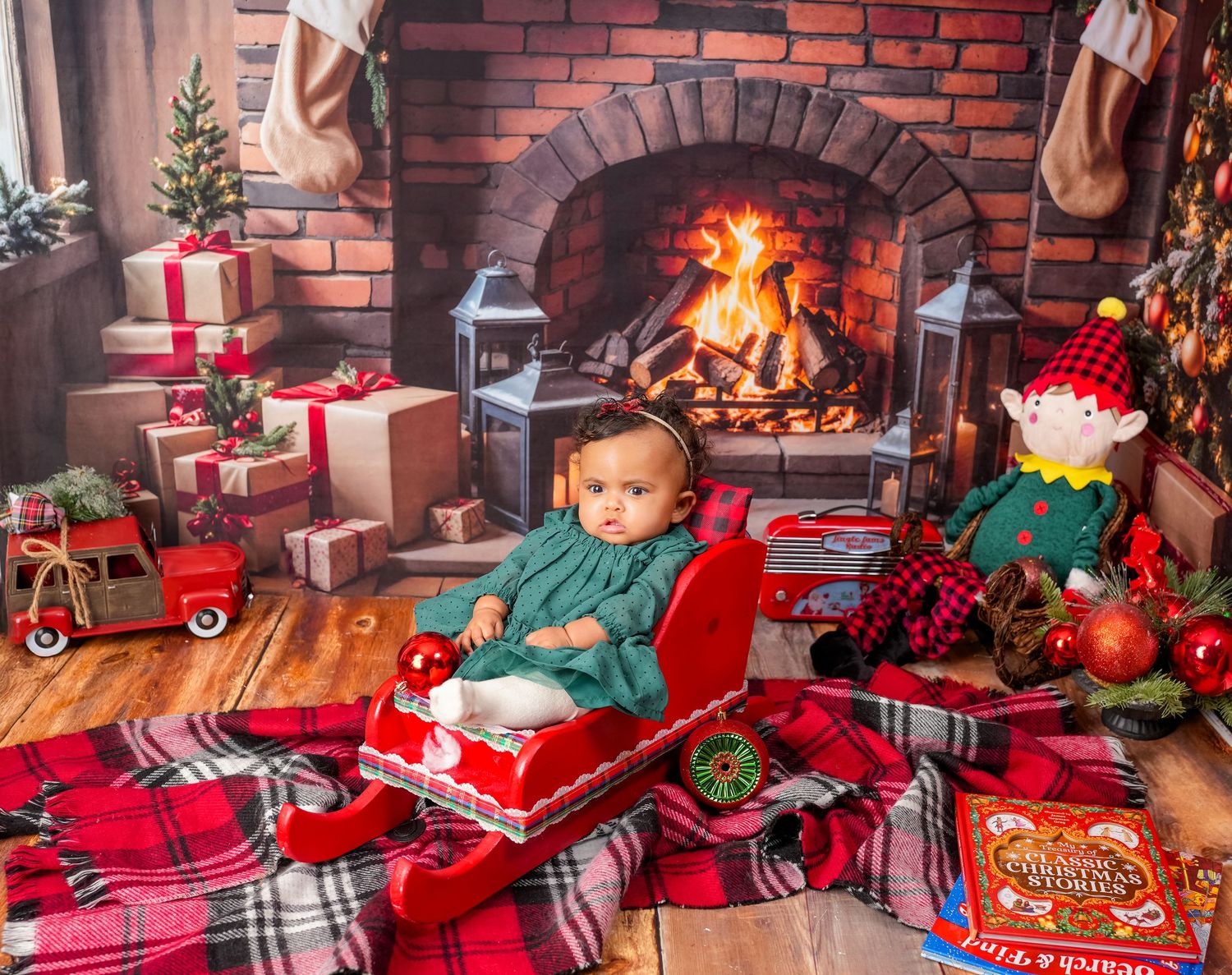 A cozy Christmas scene with a decorated tree, presents, warm fireplace and festive red plaid decor.