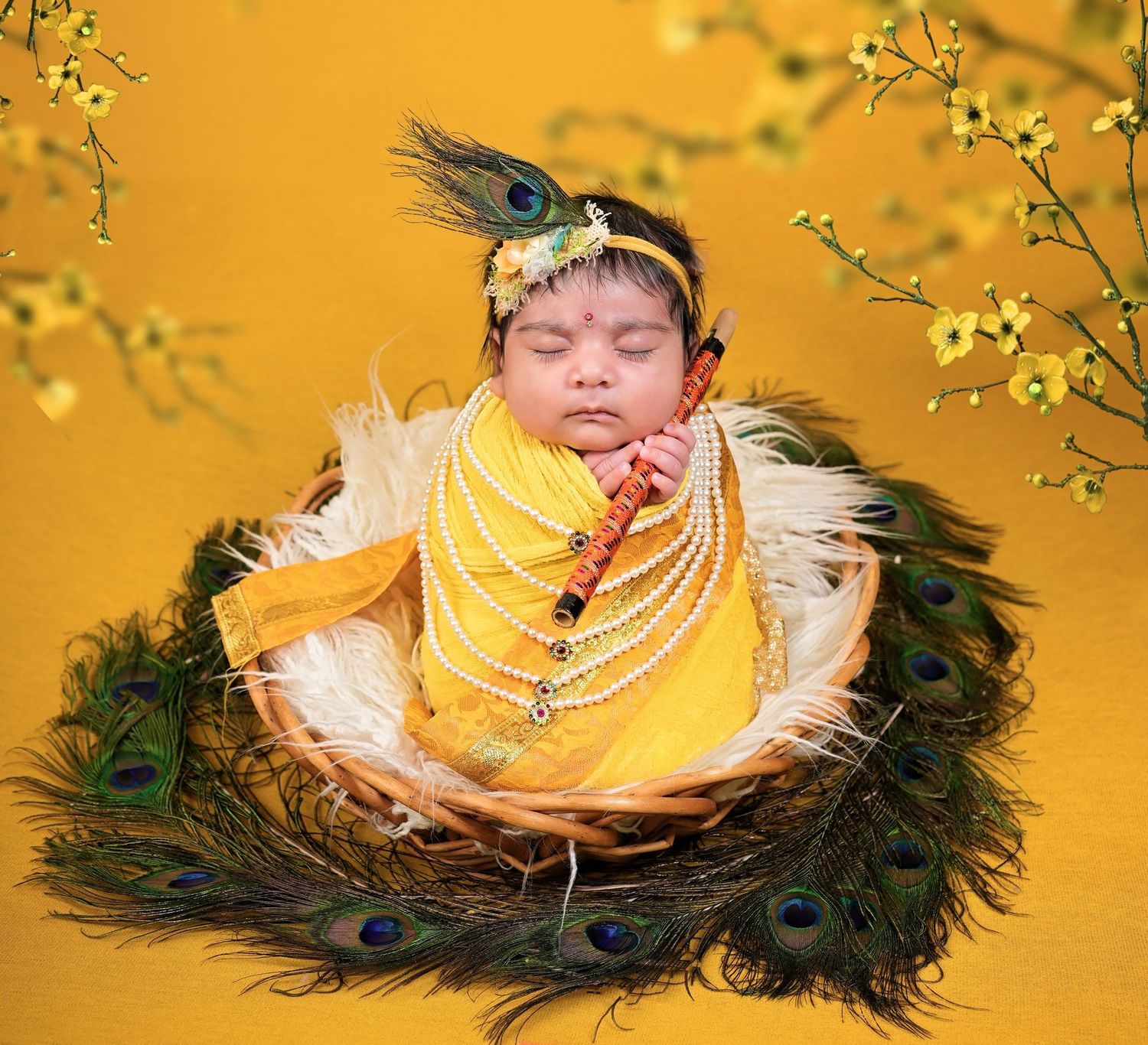 A sleeping baby in yellow dress nestled in a peacock feather nest against a warm golden background.