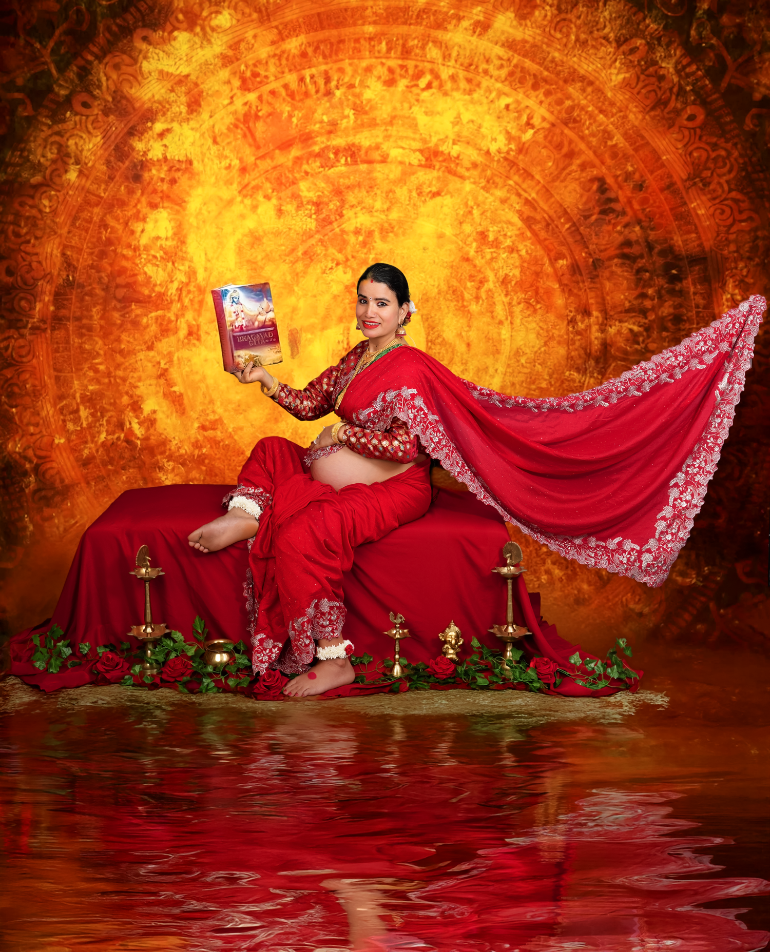 A figure in a flowing red gown poses gracefully against a fiery orange backdrop with decorative candles and greenery.