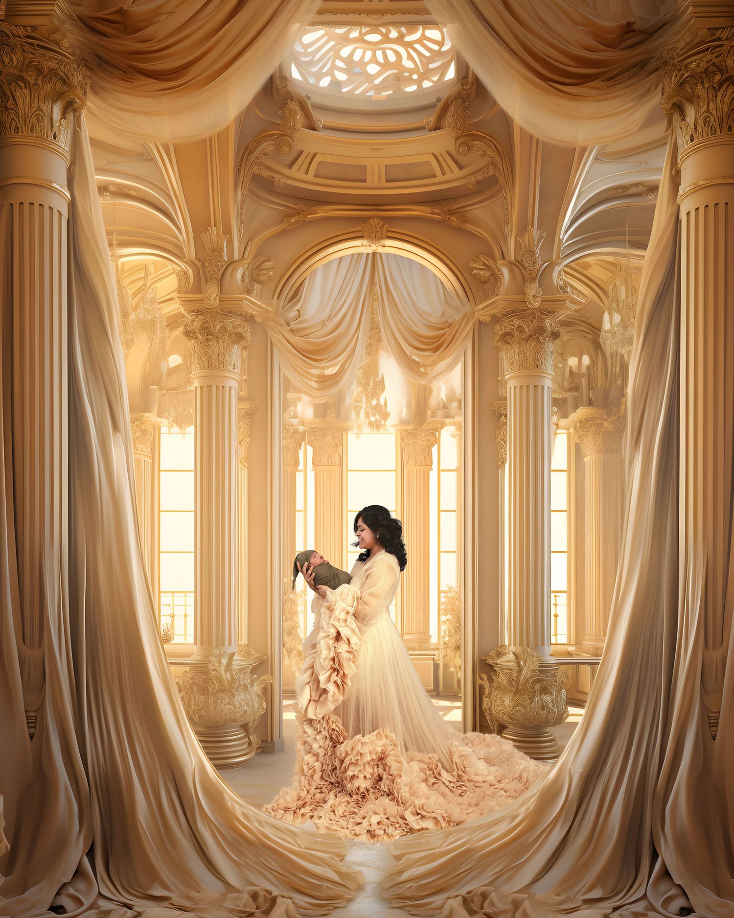 Ethereal baroque ballroom interior with towering columns, draped curtains and a flowing gown in warm golden light.