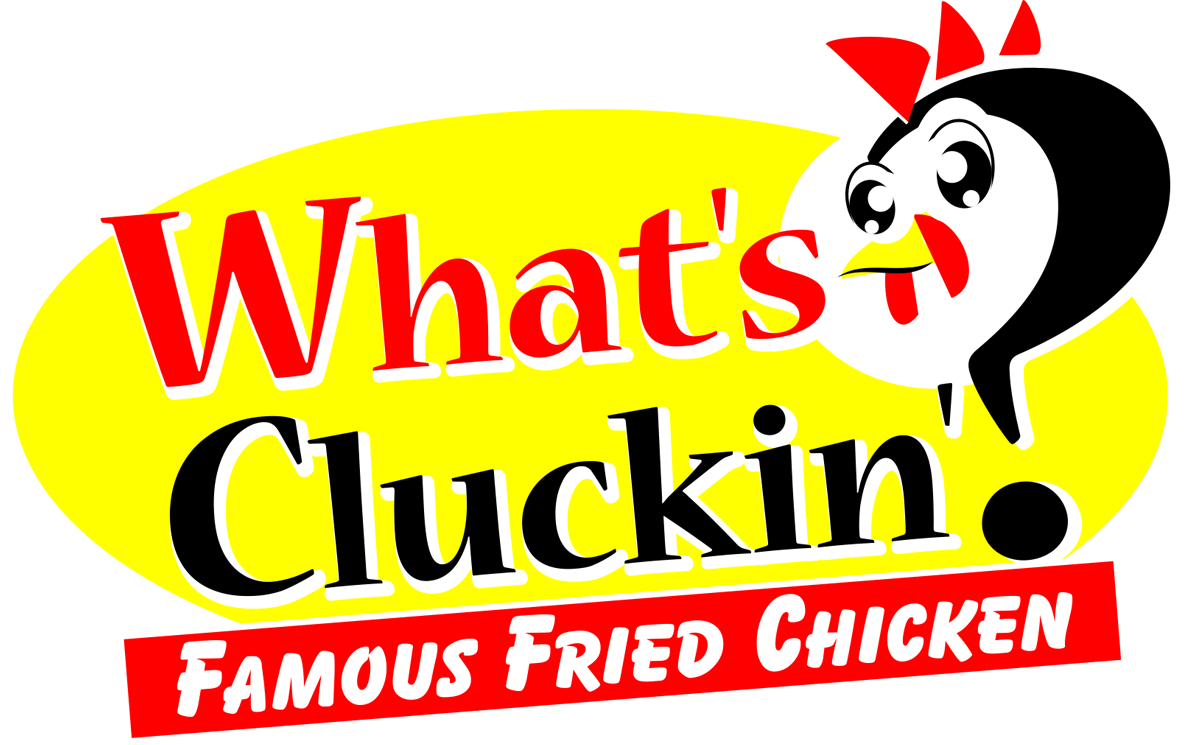 Fast food restaurant logo featuring a cartoon chicken head with a red comb and yellow background with text 