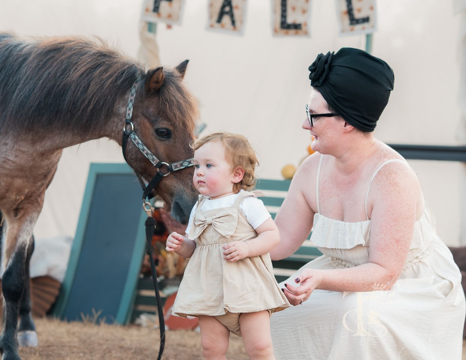 Woman crouching with toddler in white dress interacting with a pony at a fall photo event.