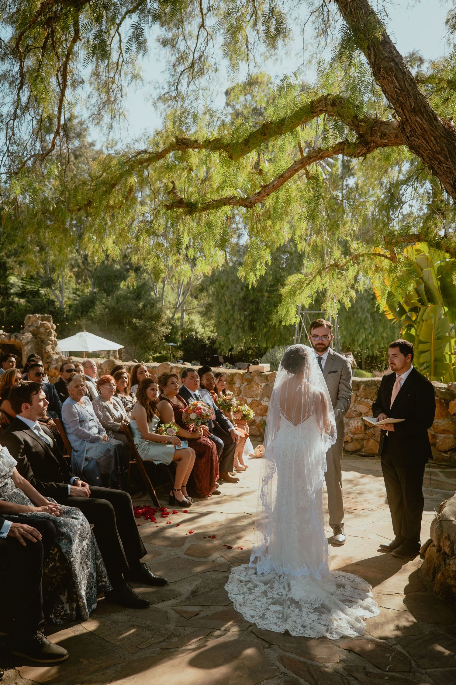 Bride walks down the aisle at an outdoor wedding ceremony under a large tree with guests seated.