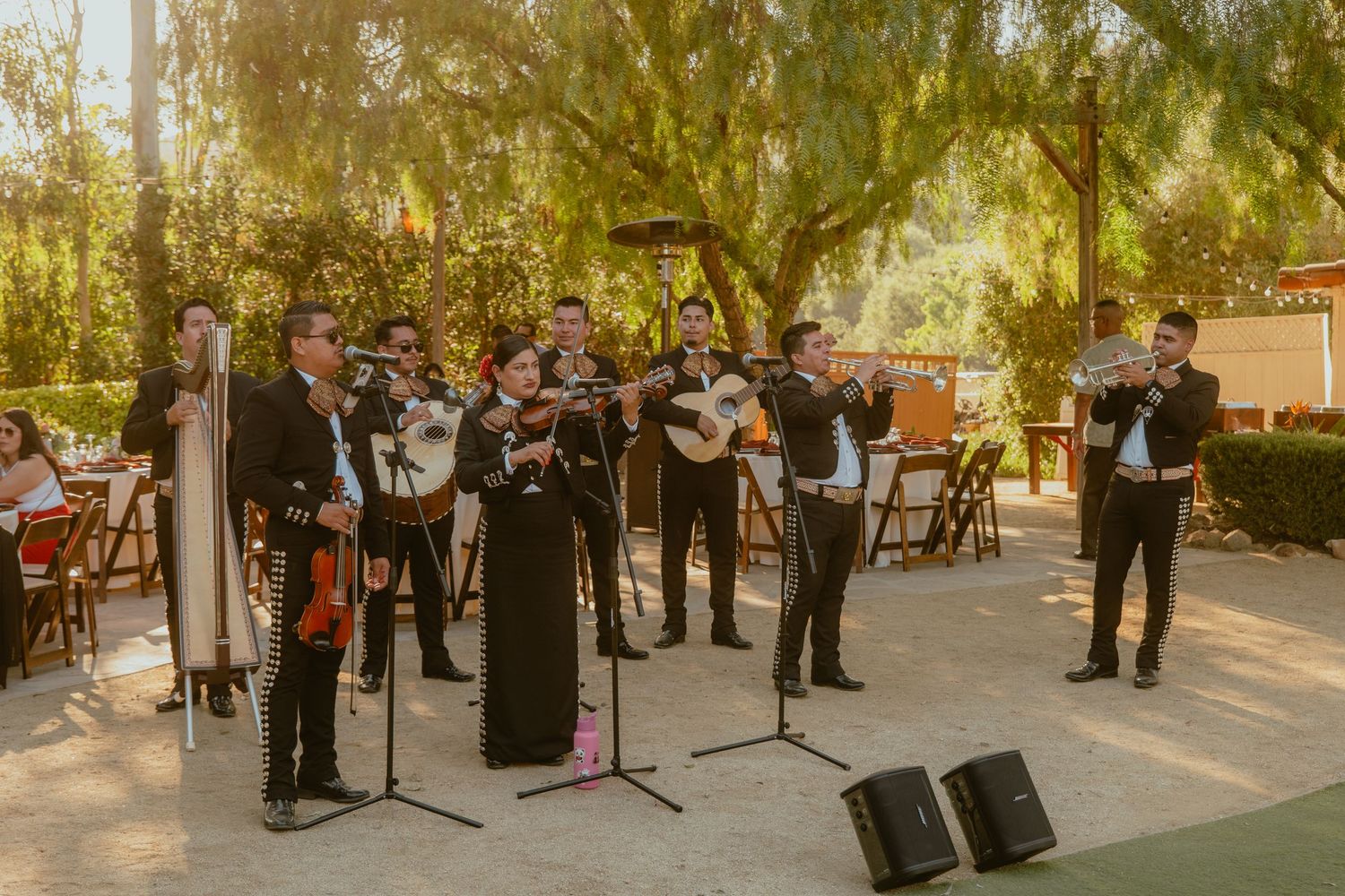 Mariachi band performing outdoors at a wedding reception under shaded trees.