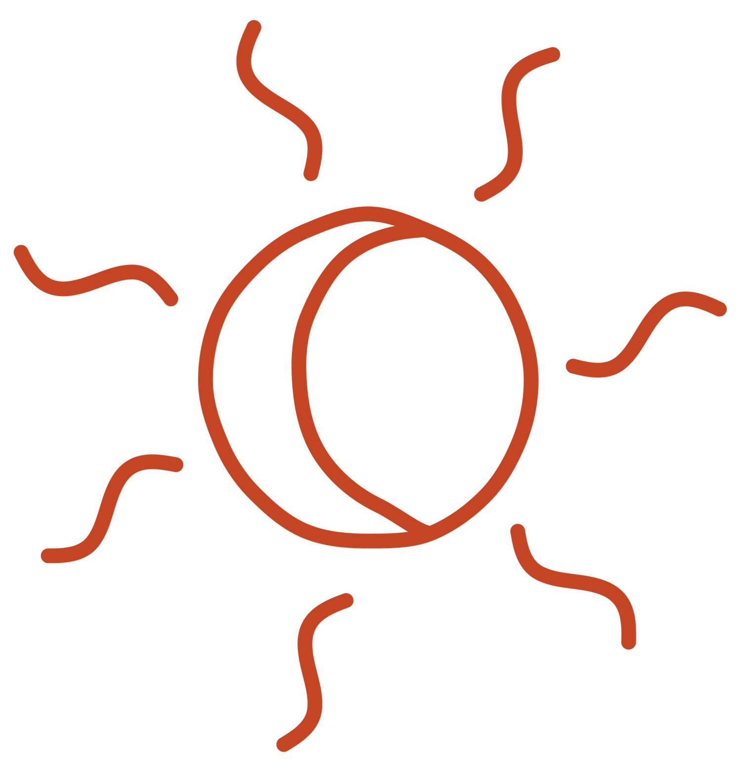 Hand-drawn sun icon with wavy rays in burnt orange, featuring a crescent moon overlay on a white background.