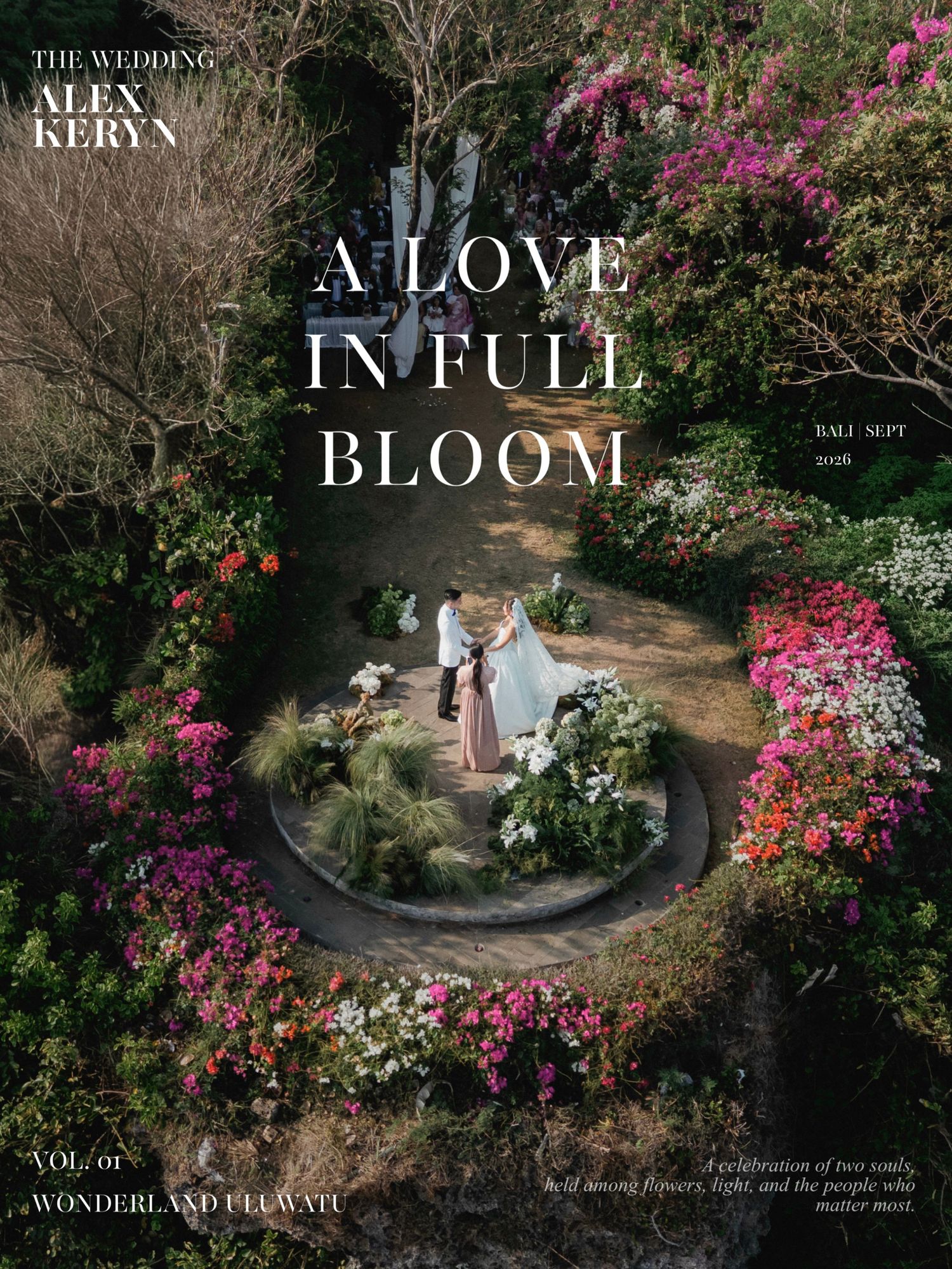 Aerial view of wedding ceremony at Wonderland Uluwatu Bali amid colorful blooming bougainvillea gardens.