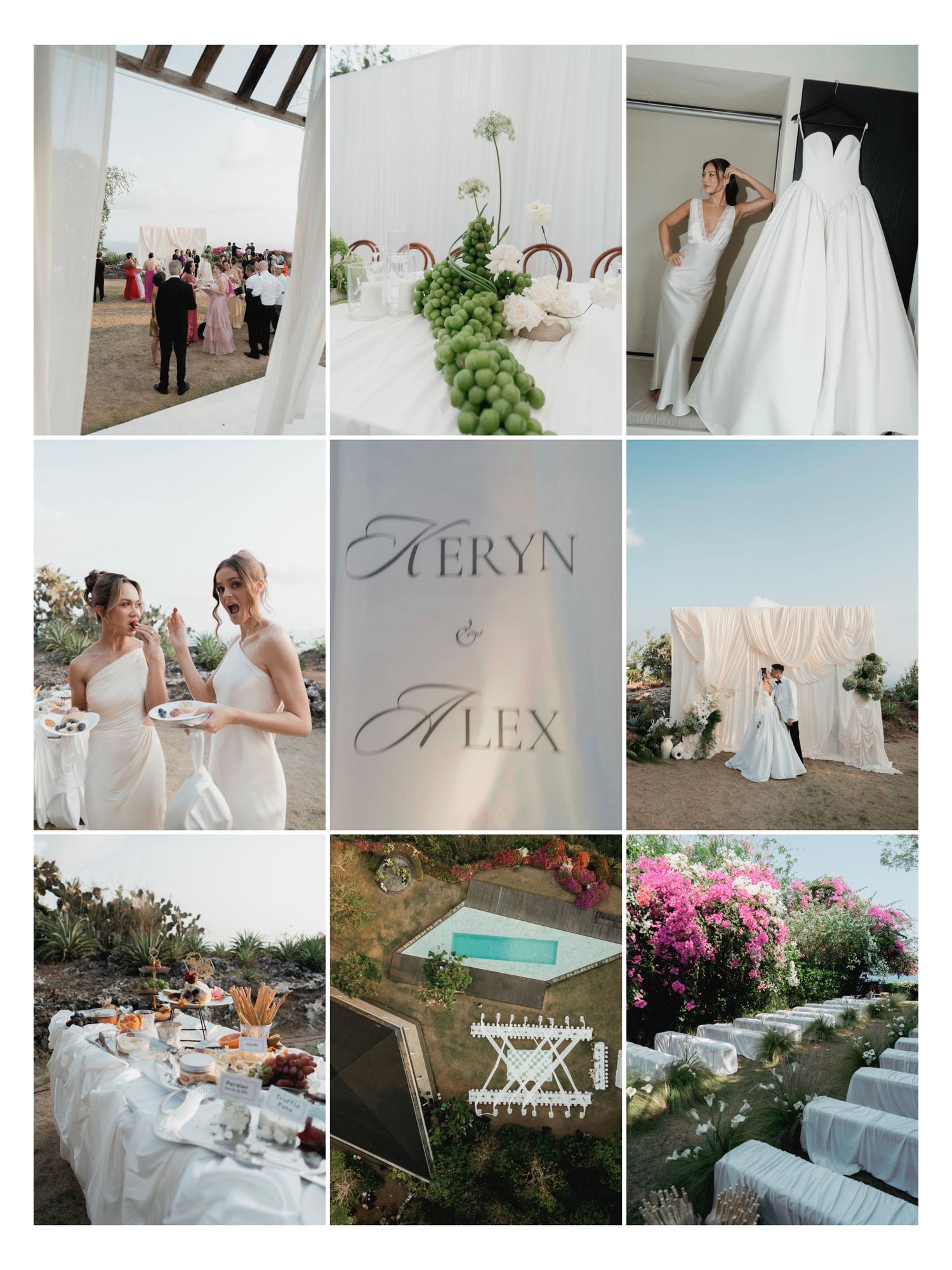 Wedding collage for Keryn and Alex featuring outdoor ceremony, bridal gown, and garden venue details.