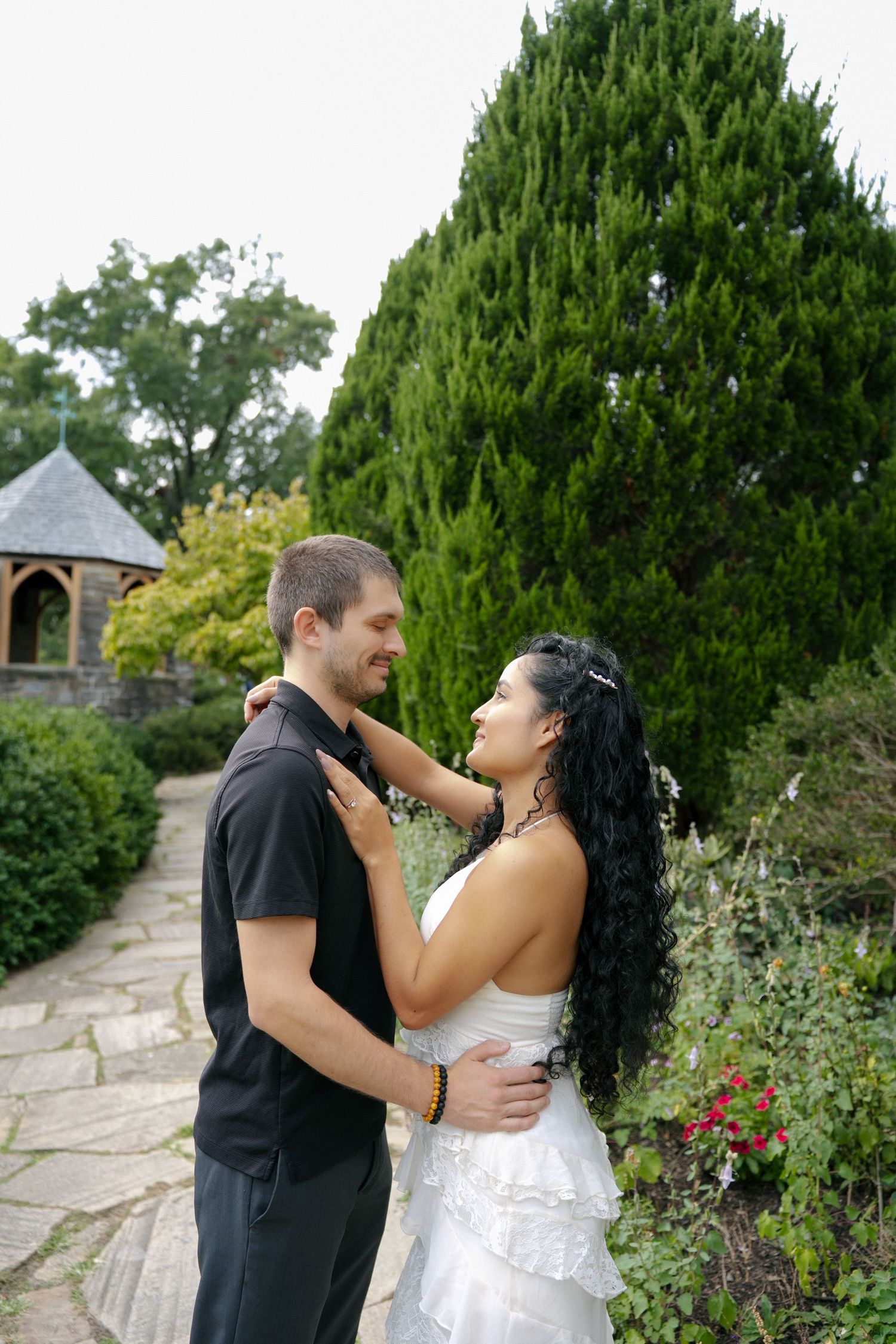 Couple sharing a romantic moment during a couples photography session at Washington National Cathedral in Washington, DC.