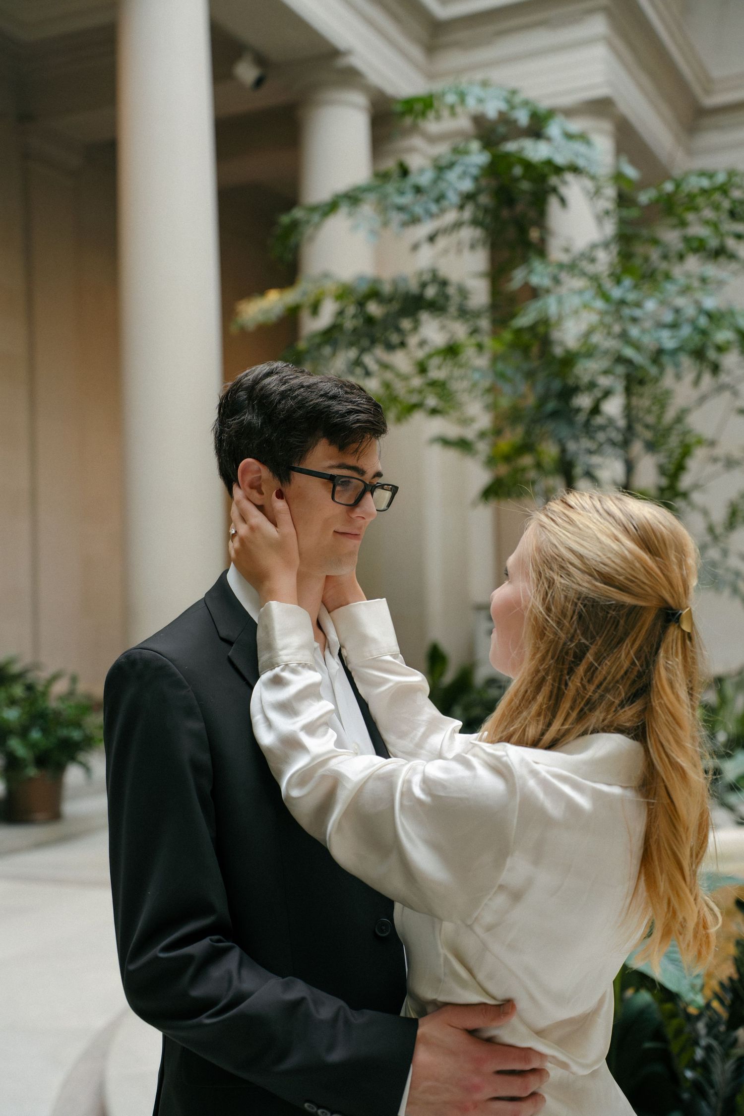 Romantic indoor engagement photography at a Washington, DC art museum.