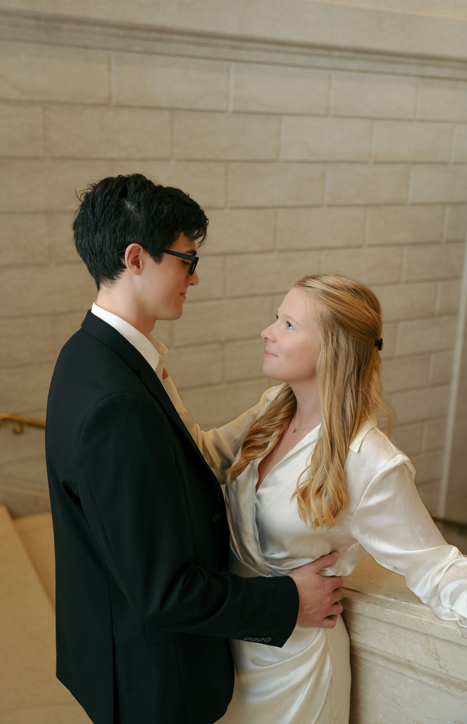 Luxury editorial-style engagement portrait at the National Gallery of Art in Washington, DC.