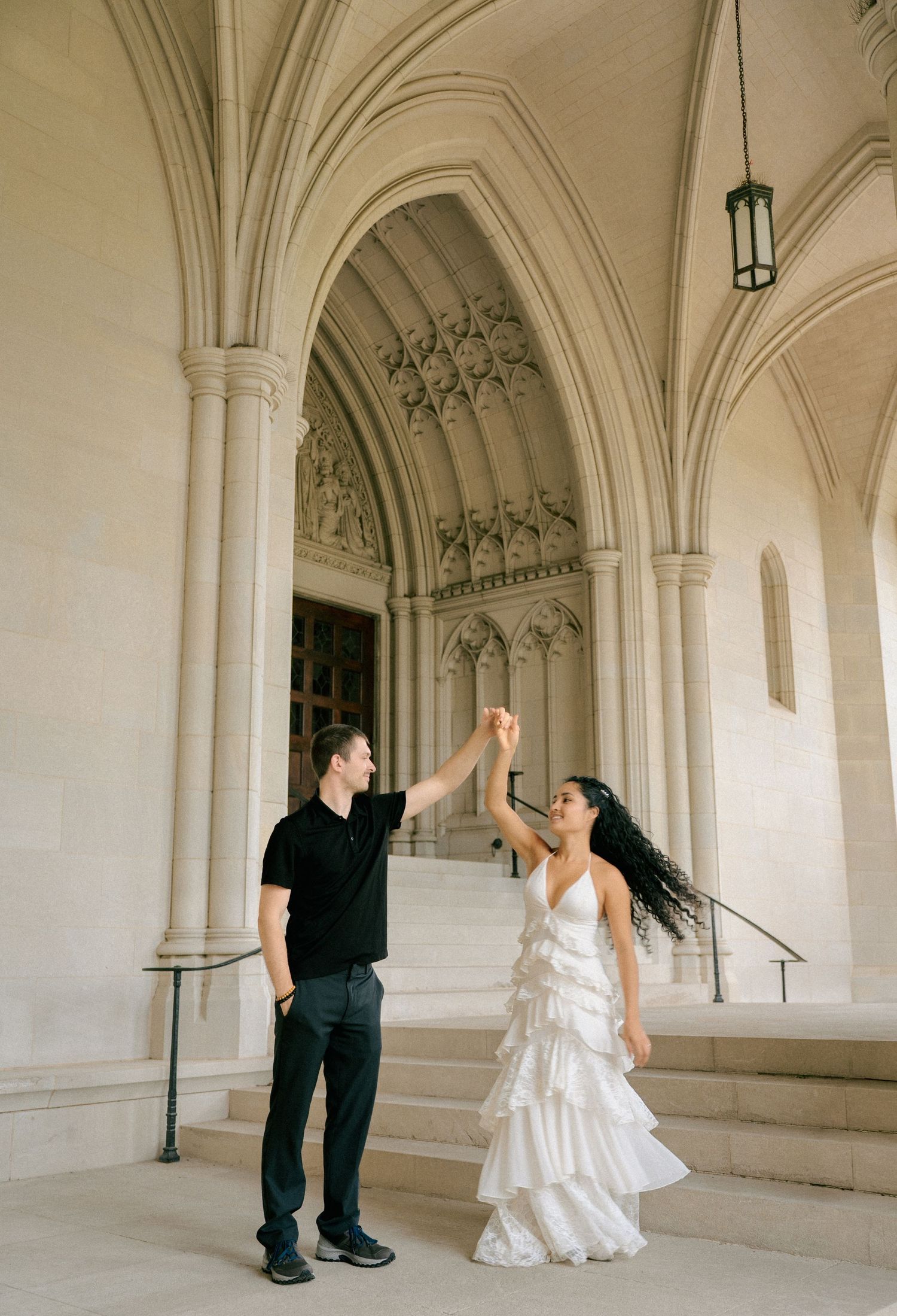 Couple sharing a romantic moment during a couples photography session at Washington National Cathedral in Washington, DC.