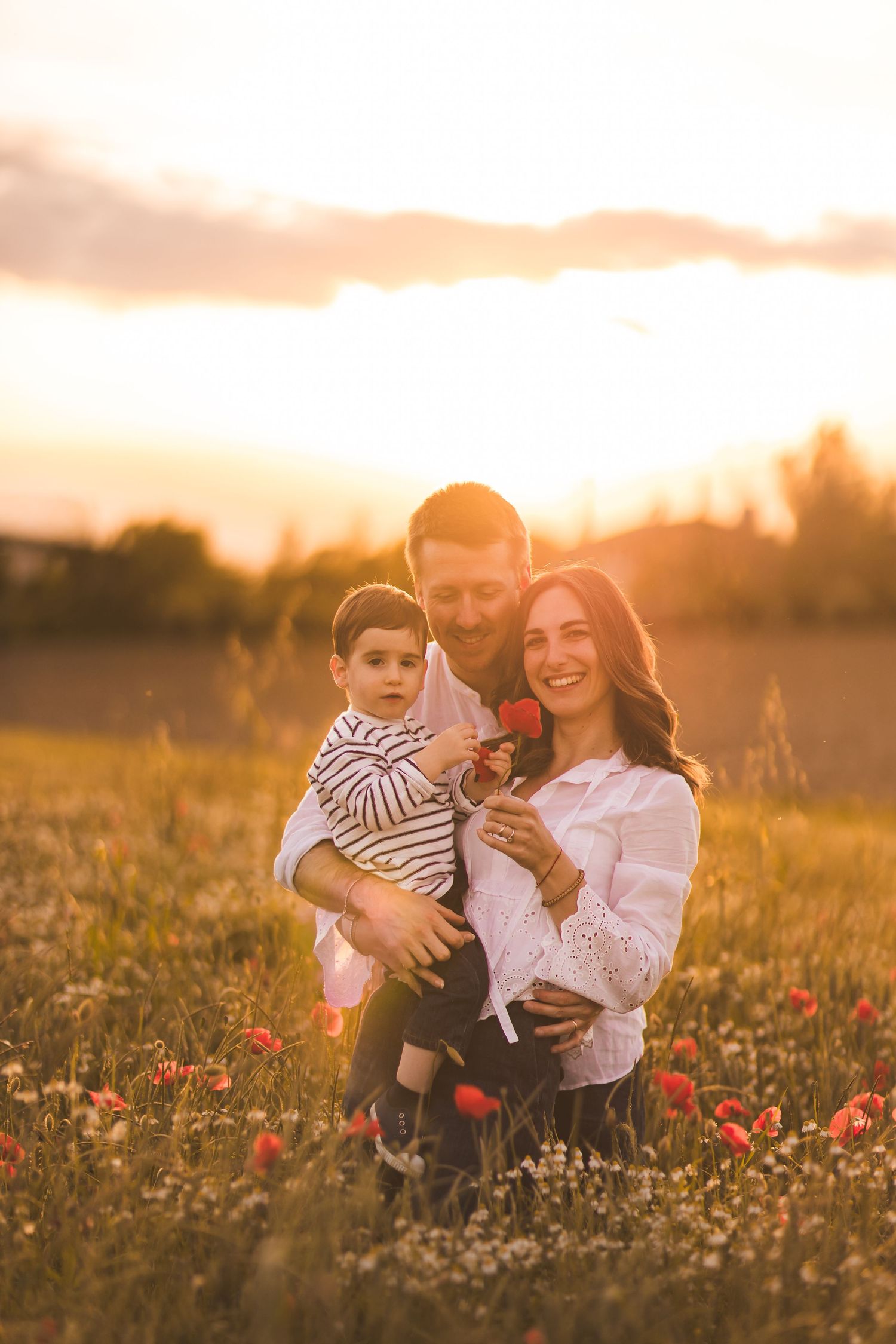 foto di famiglia nei papaveri al tramonto con golden hour