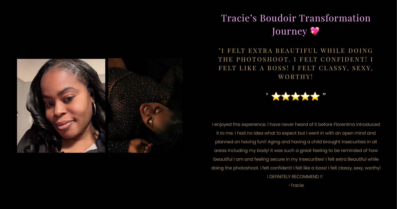 A dark collage of beauty transformation photos with text overlays and star ratings.