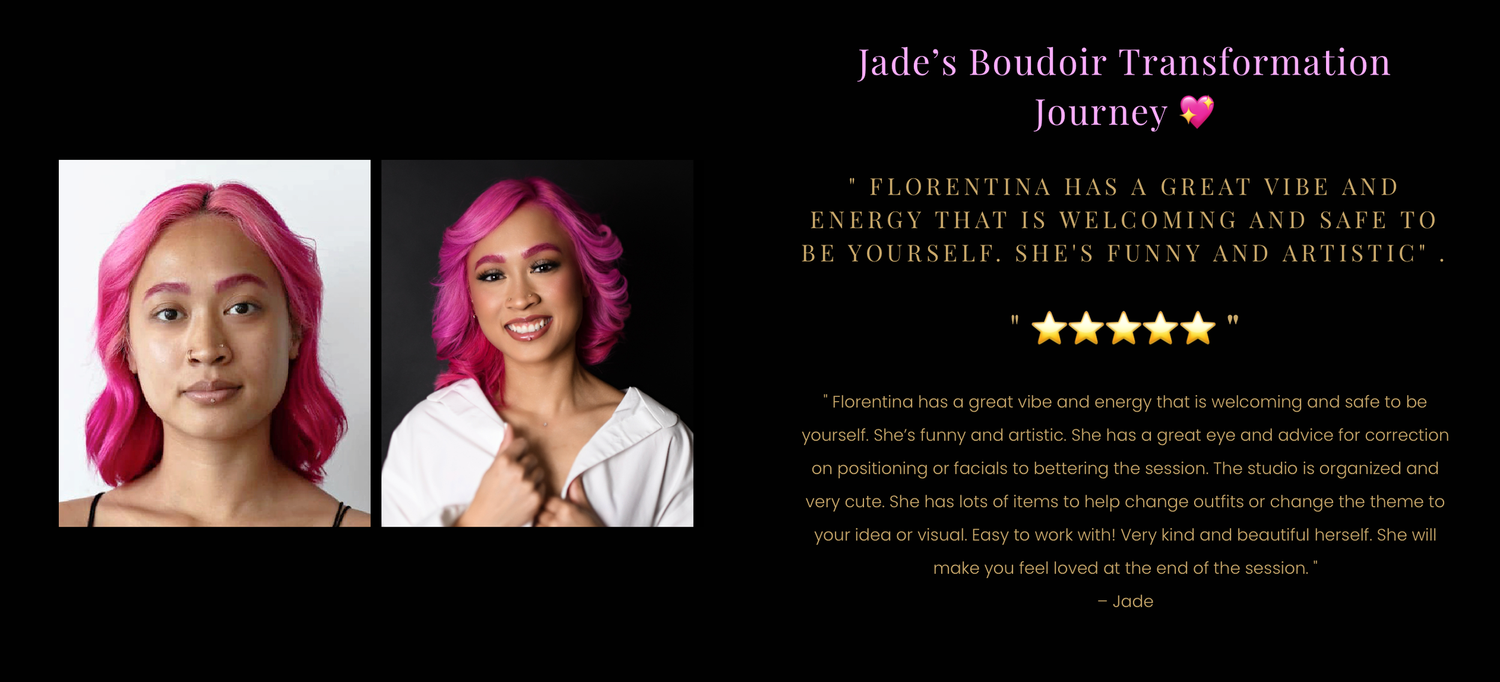 Before and after photos showing a pink hair color transformation with bright magenta tones.