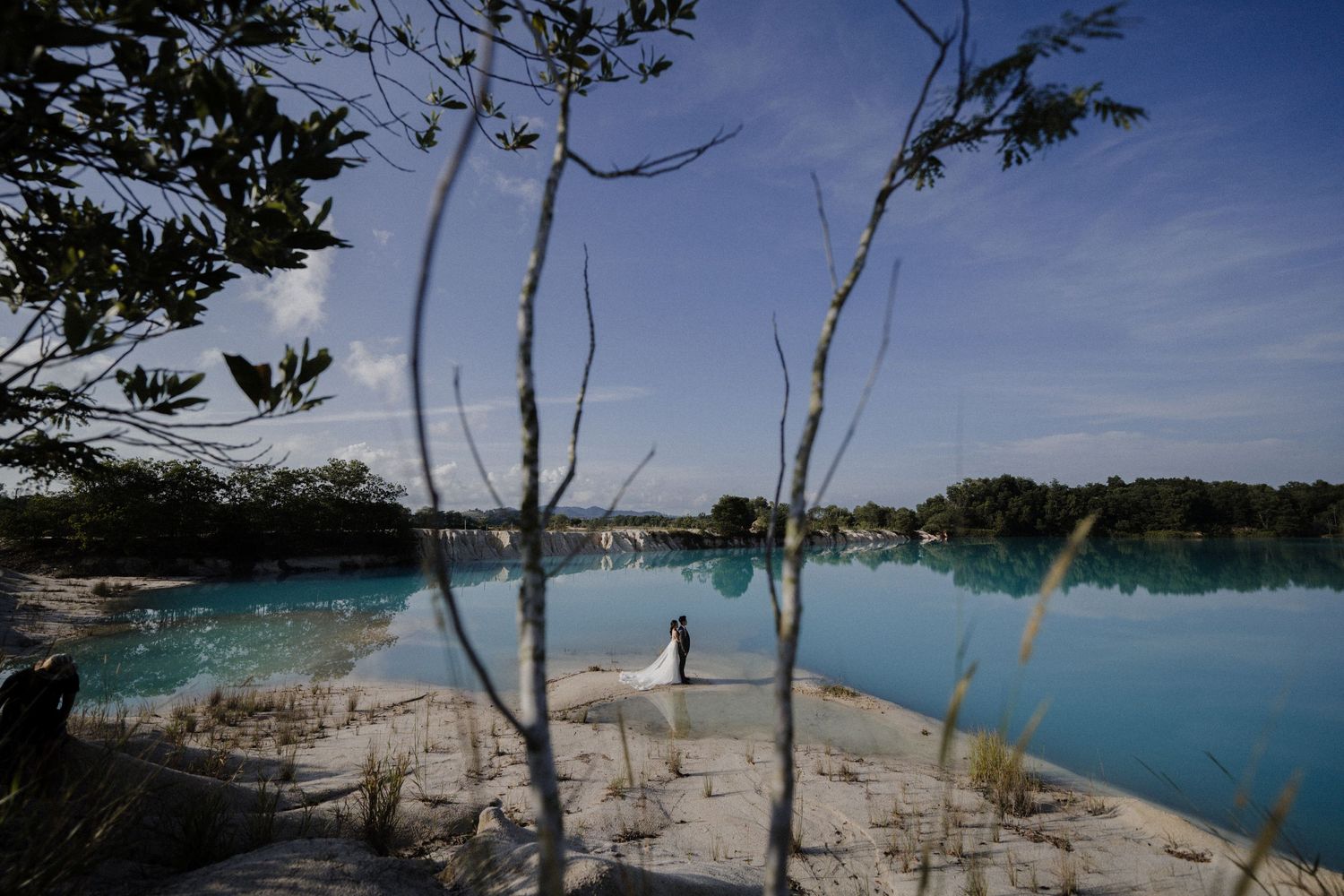 Scenic coastal view with turquoise waters and white sand beach framed by trees.