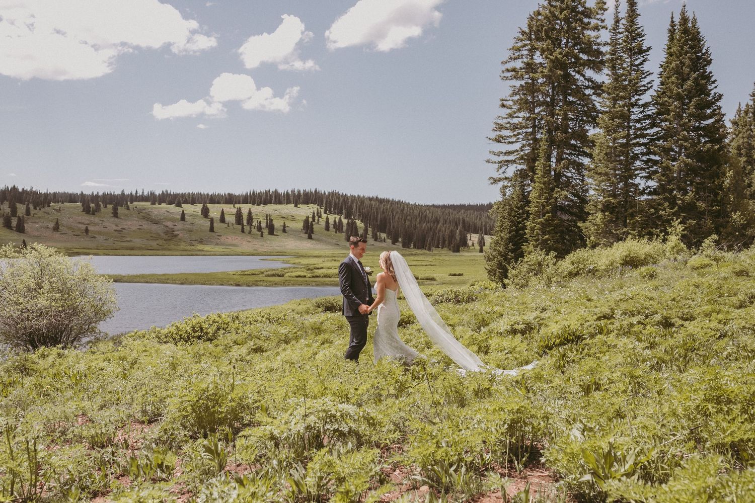 A bride and groom holding hands in a field of greenery near a lake, photographed by Kristy Baker Photography in Steamboat Springs, Colorado.