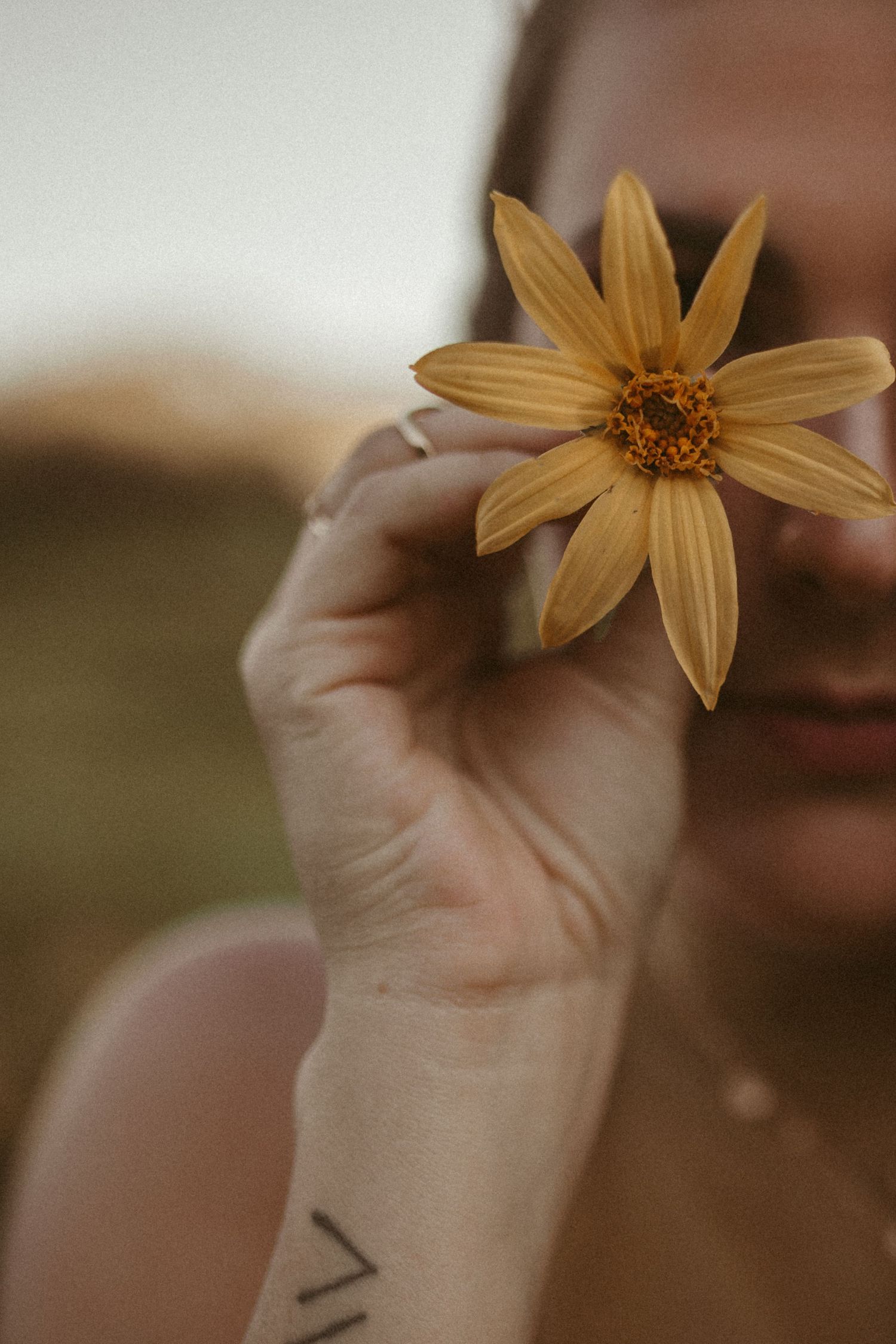 A woman holds a yellow wildflower exactly in front of her eye.