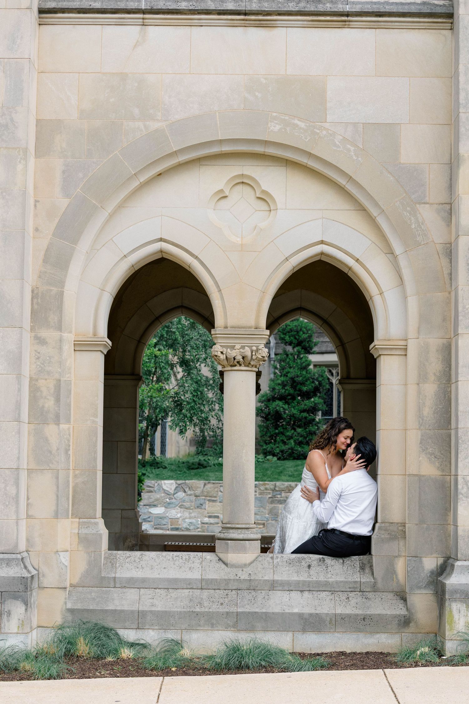 A portrait of a couple at the National Cathedral in Washington, D.C.