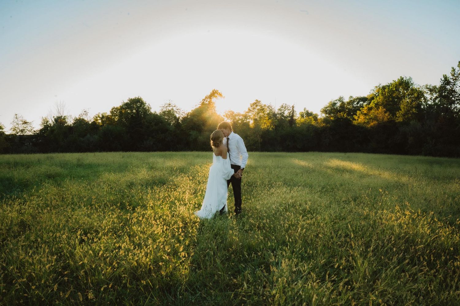 A bride and groom share a romantic kiss in a sunlit green meadow surrounded by trees at golden hour.