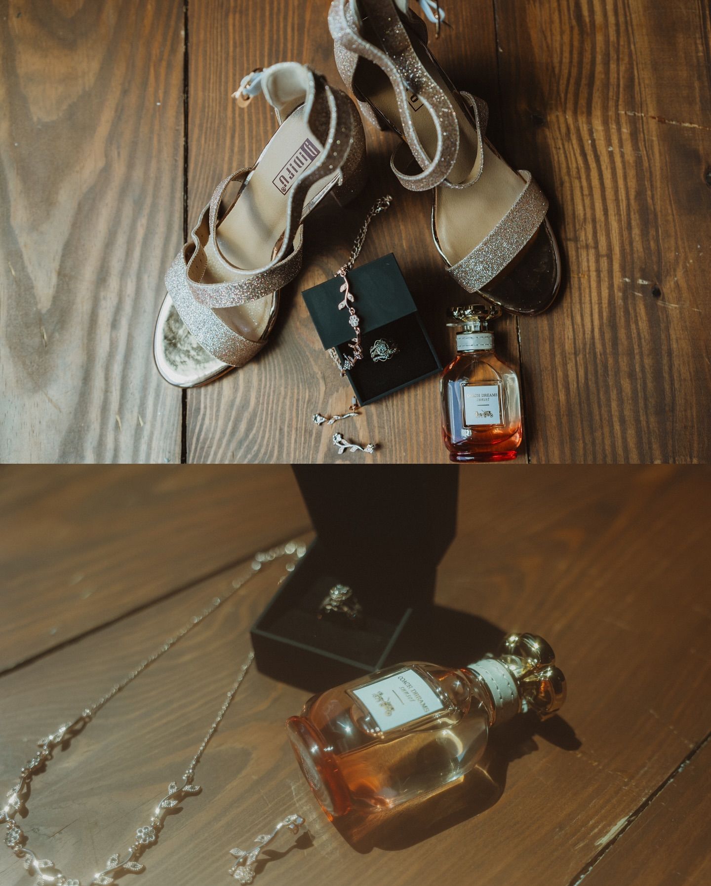 Vintage ballet shoes, perfume bottles, and jewelry arranged artistically on a rustic wooden surface.