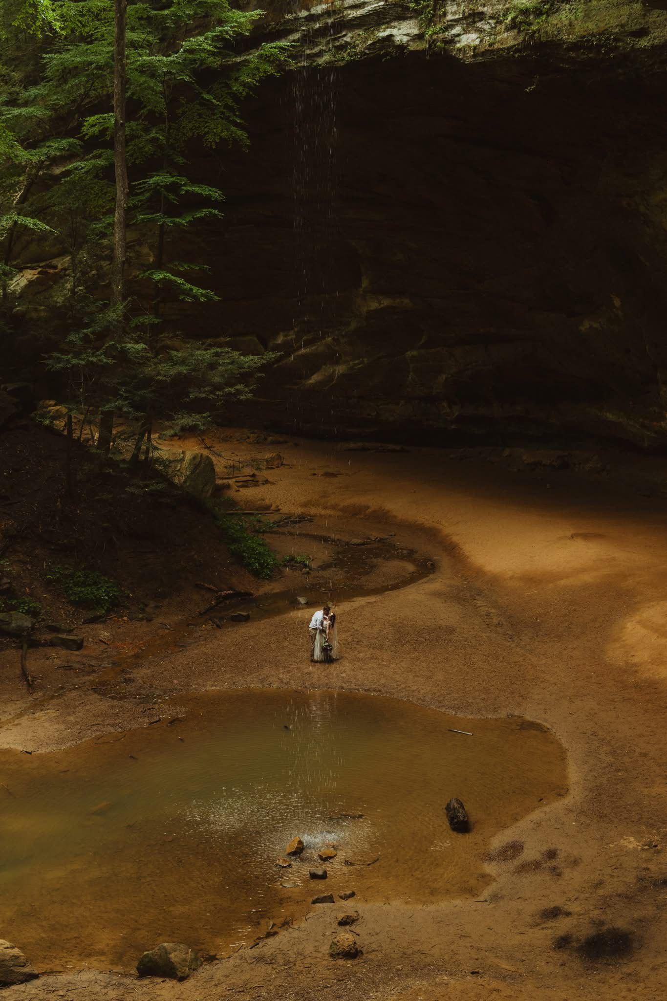 Aerial view of natural canyon with sandy bottom and green forest surroundings.
