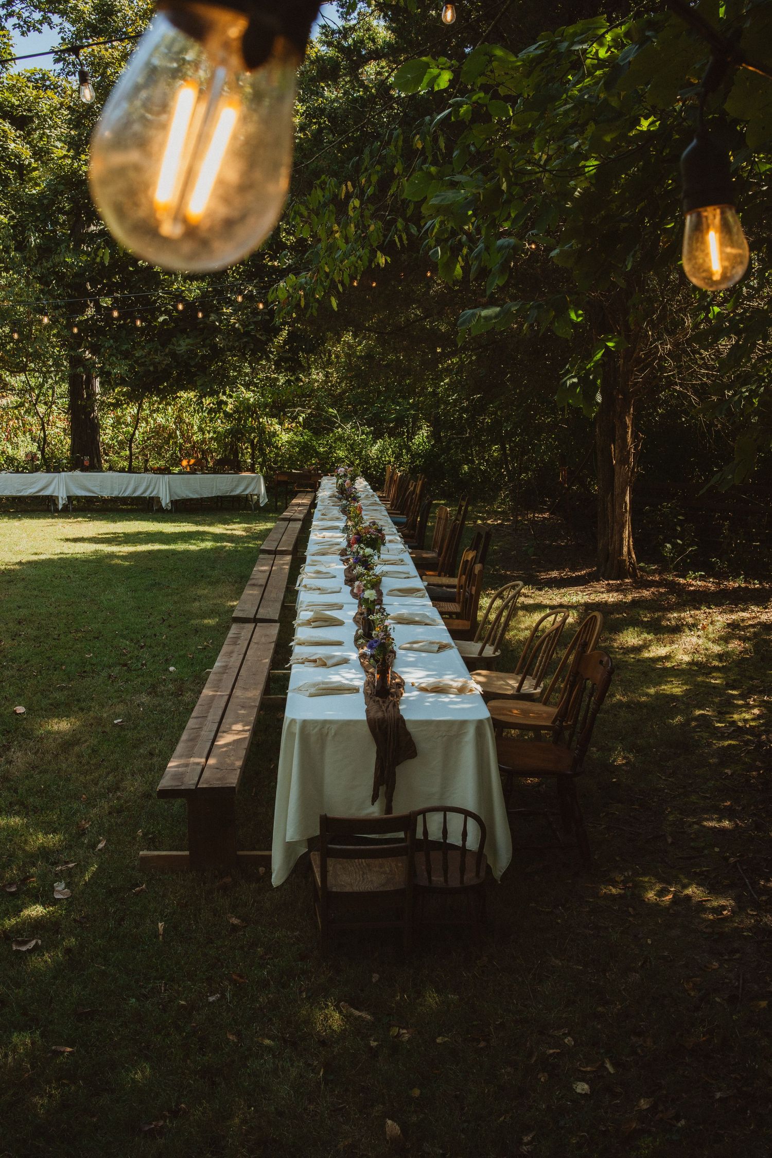 Outdoor dining setup with string lights and long wooden table in garden setting.