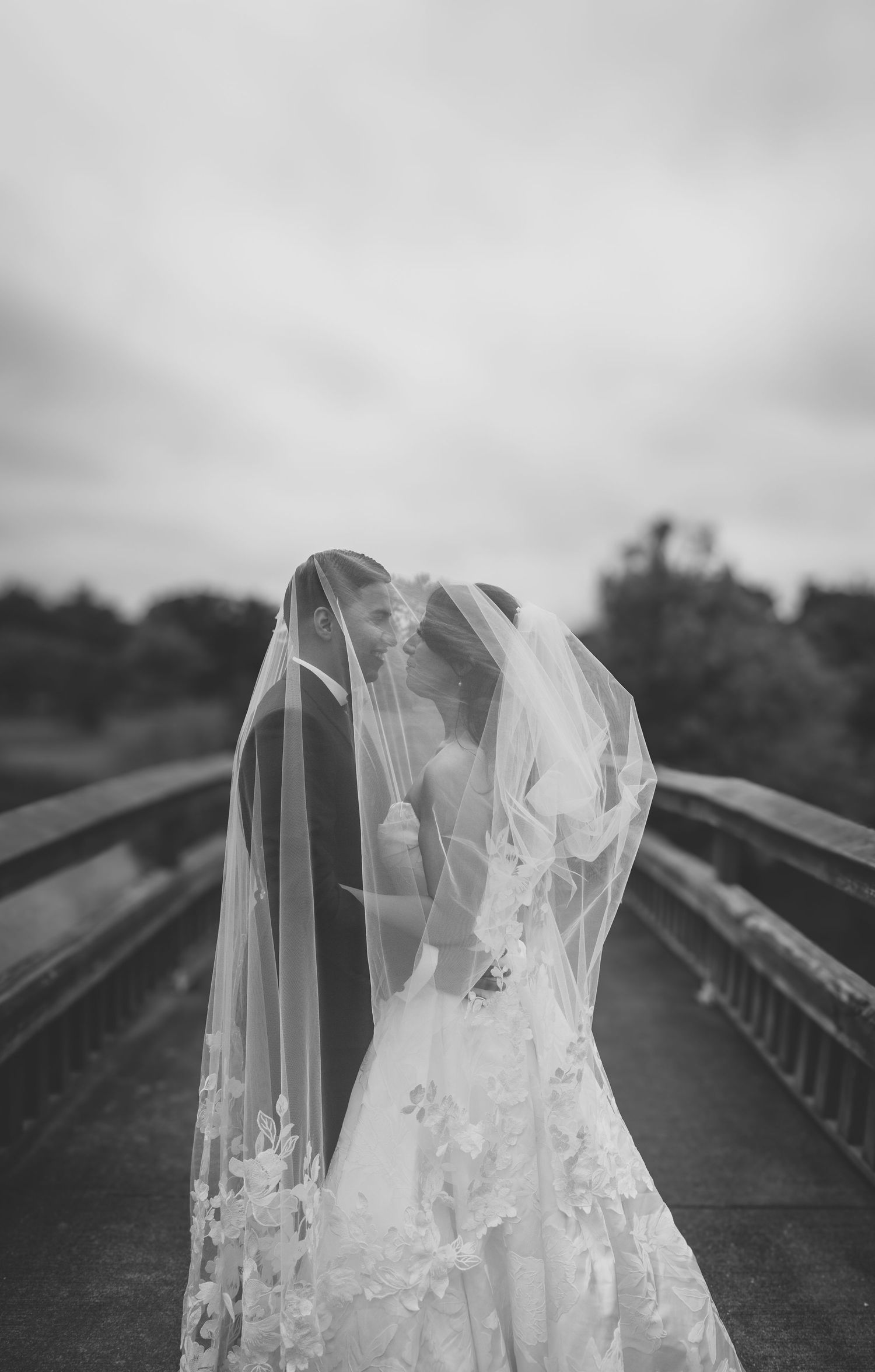 Black and white photo of bride and groom kissing under a flowing lace wedding veil on a wooden bridge.