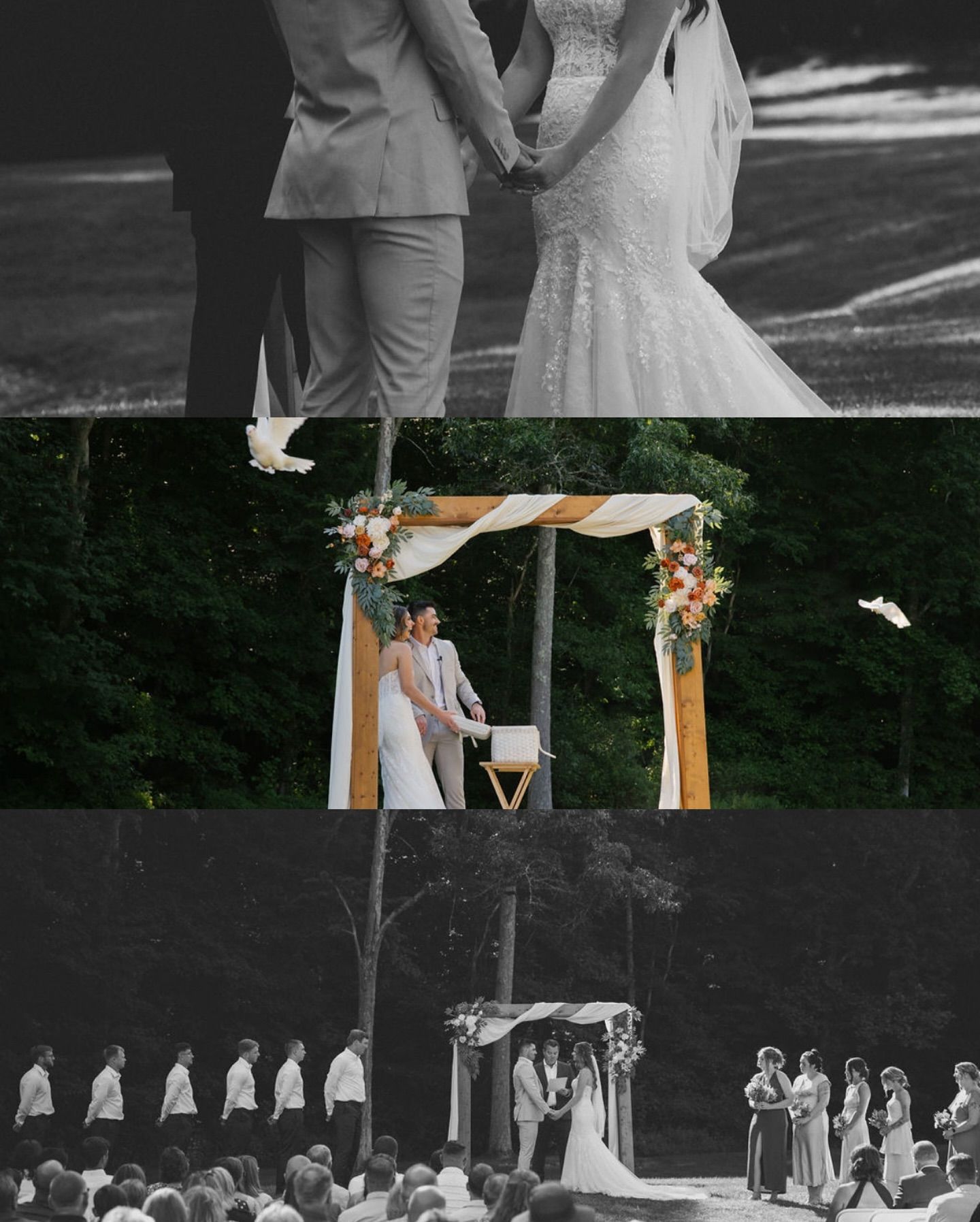 A wedding ceremony setup in a wooded outdoor venue with white chairs and floral arrangements at the altar.