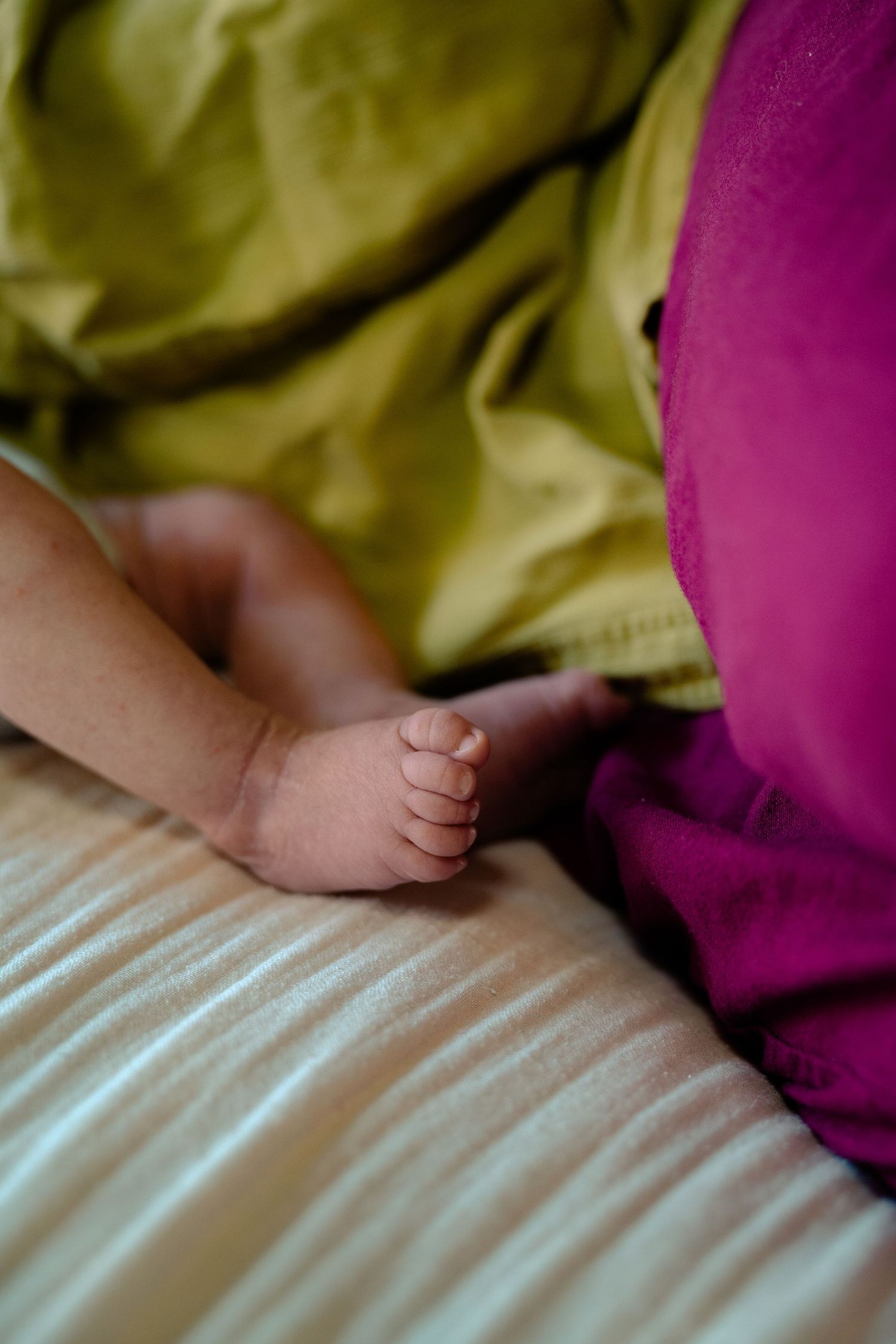 Close-up of tiny newborn baby feet resting on a wooden surface beside green and purple fabric.