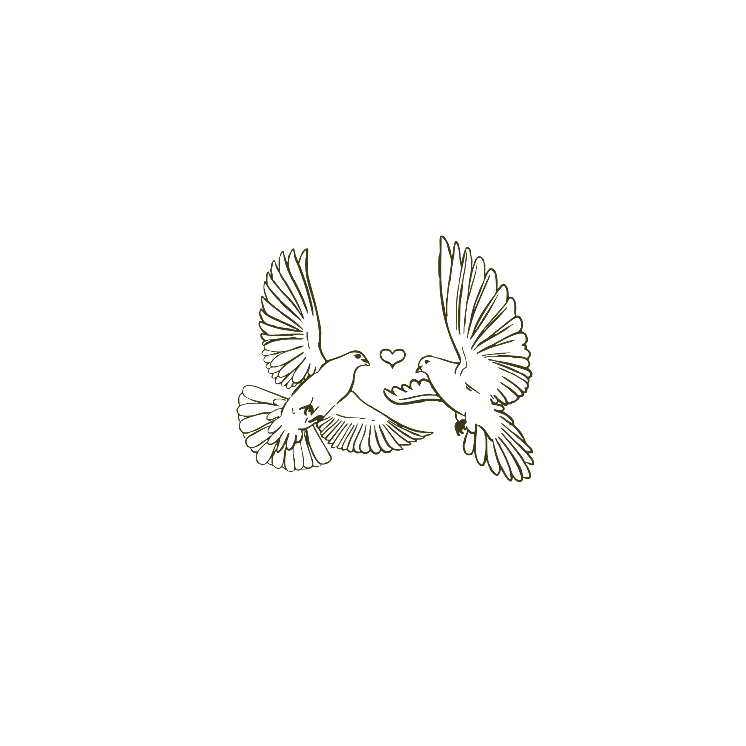 Minimalist line art illustration of two doves facing each other with a small heart between them.