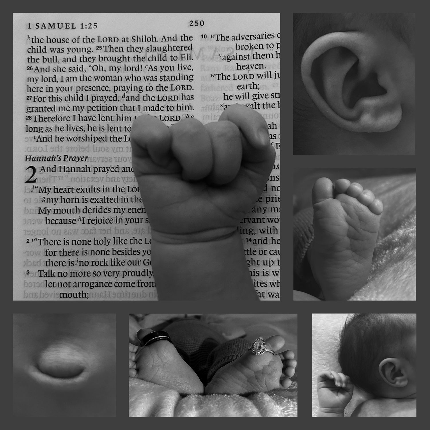 Newborn baby feet and hands on open Bible with 1 Samuel scripture, celebrating new life.