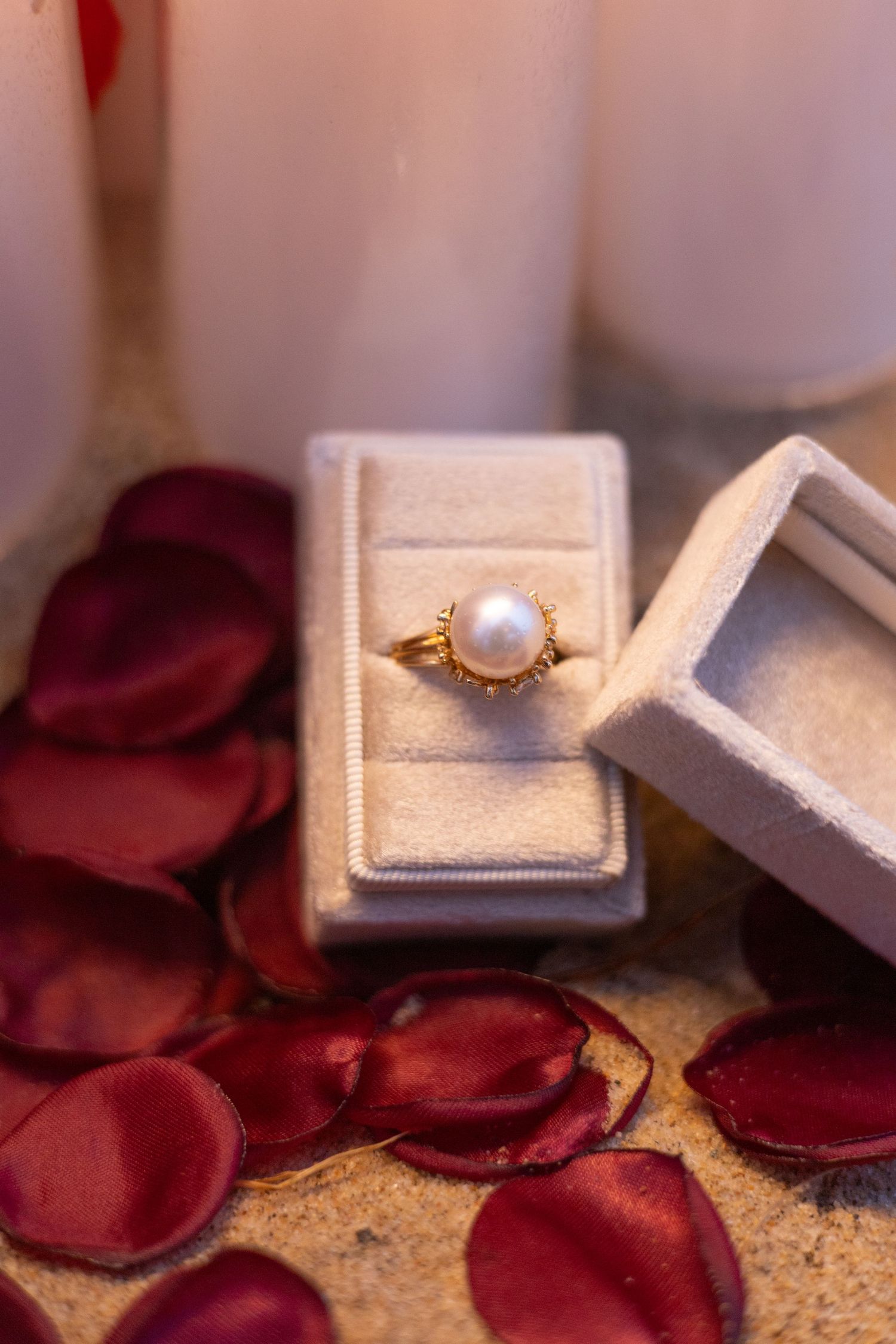 A pearl engagement ring in a gold setting displayed in a velvet box with rose petals.