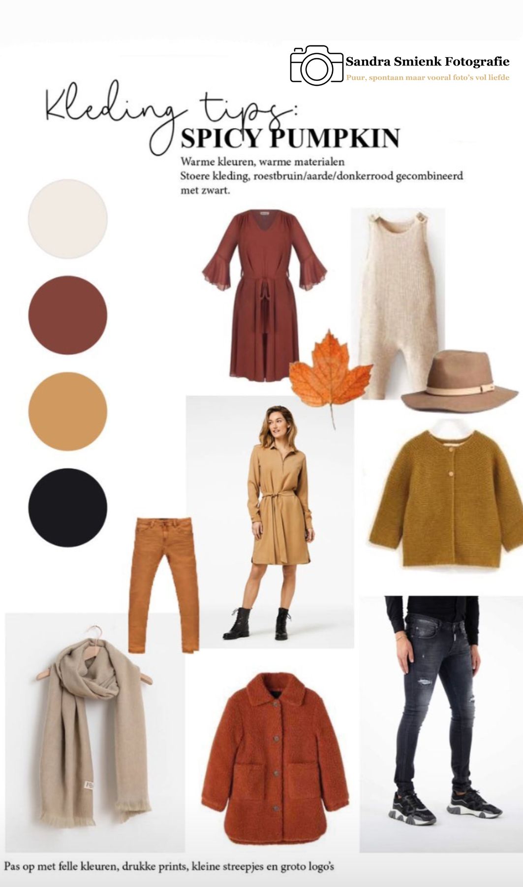 Spicy Pumpkin fashion mood board featuring warm autumn tones in rust, brown, and black for family photo styling.