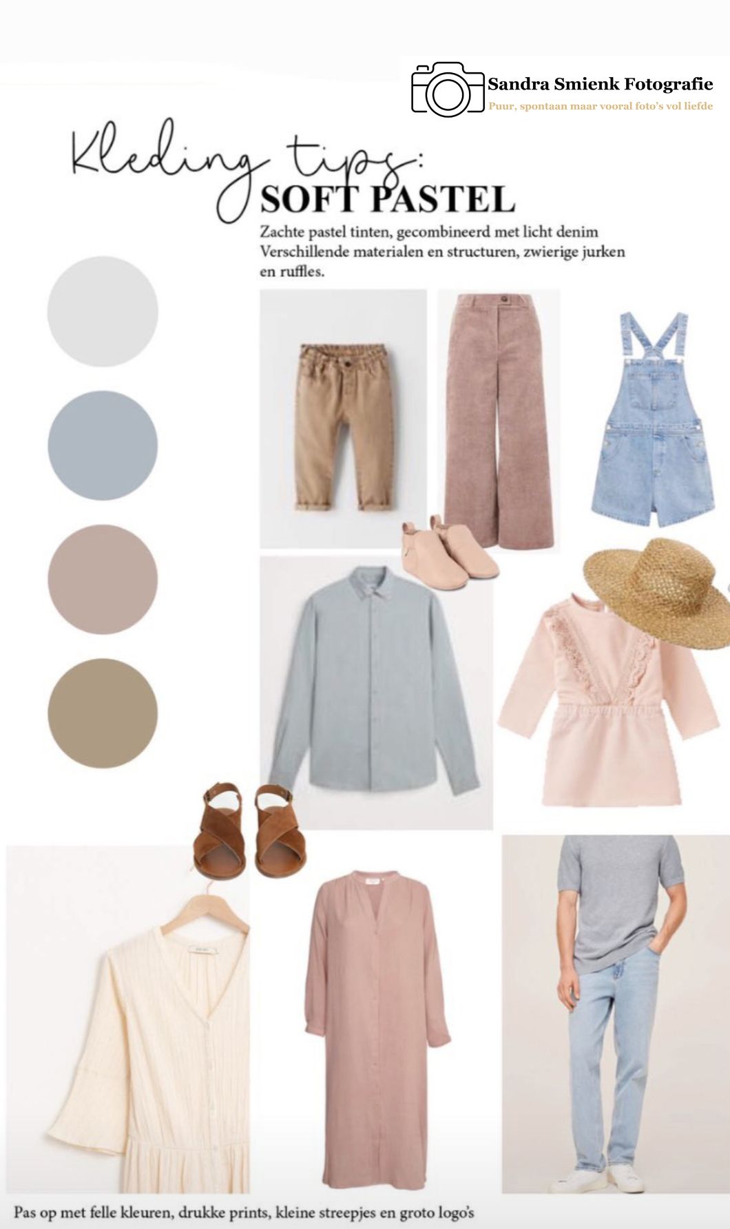 Soft pastel clothing tips mood board featuring neutral tones, linen dresses, denim overalls, and ruffled tops for a stylish look.