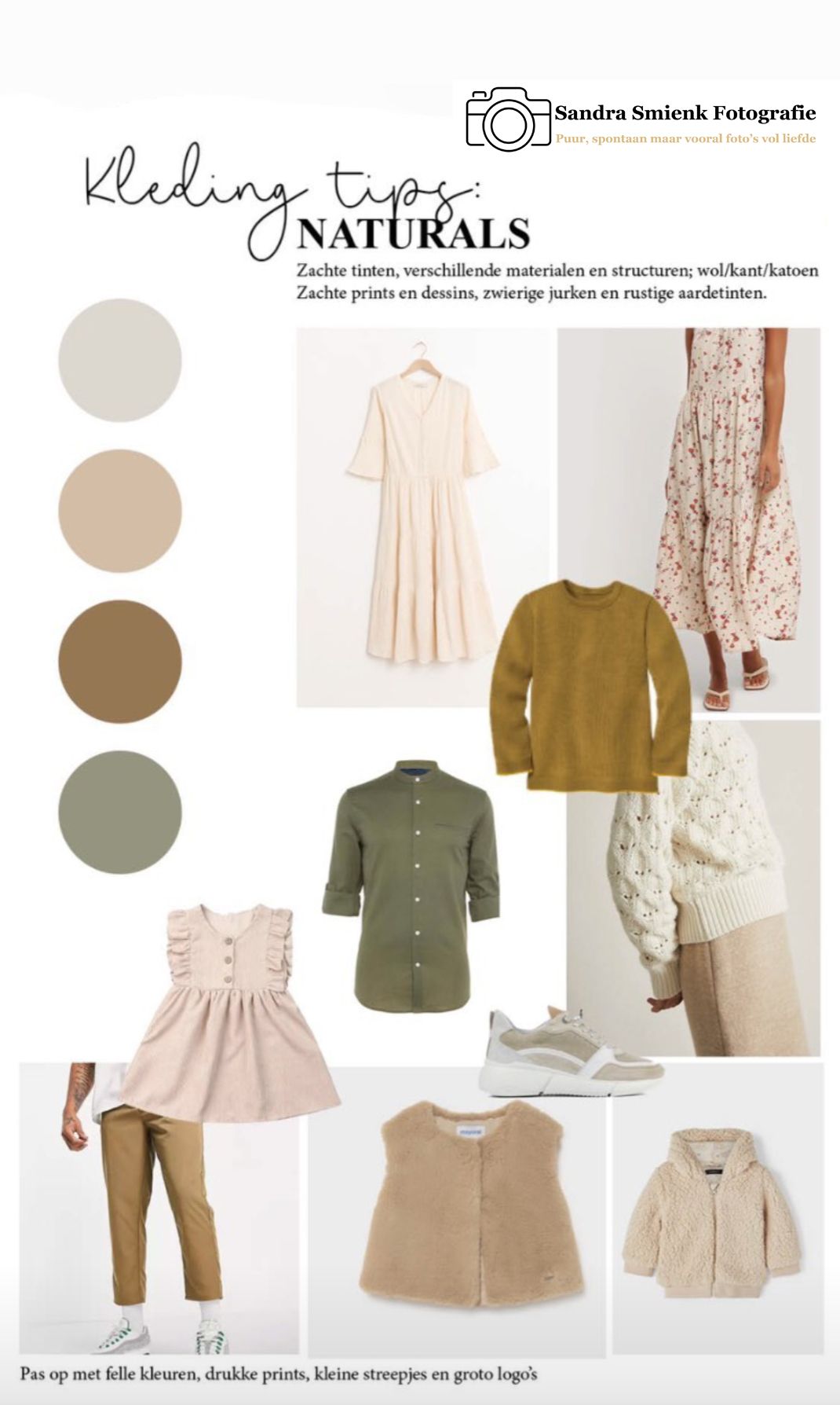 Fashion mood board showing natural tones clothing tips with soft beige, green, and brown palette for family photo sessions.