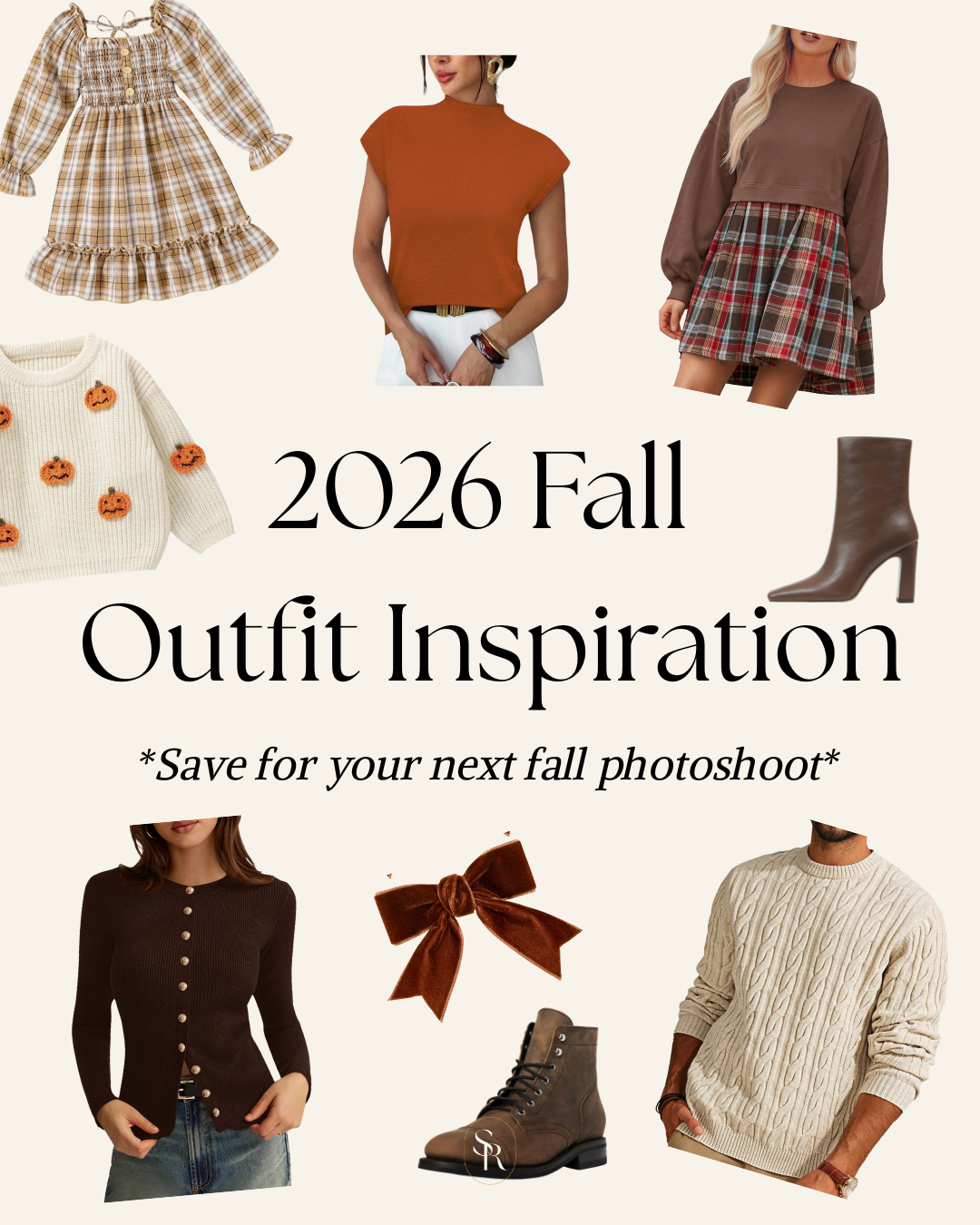 A collage of 2026 fall outfit inspiration featuring plaid dresses, cozy sweaters, boots, and warm earth-tone clothing pieces.