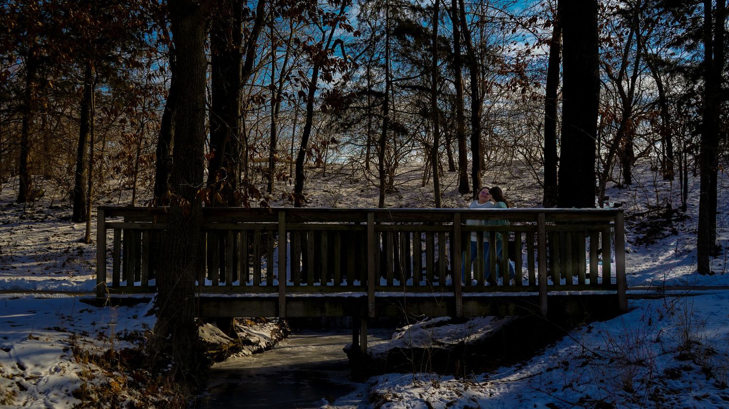Snow-dusted wooden bridge in a winter forest with bare trees and blue sky.